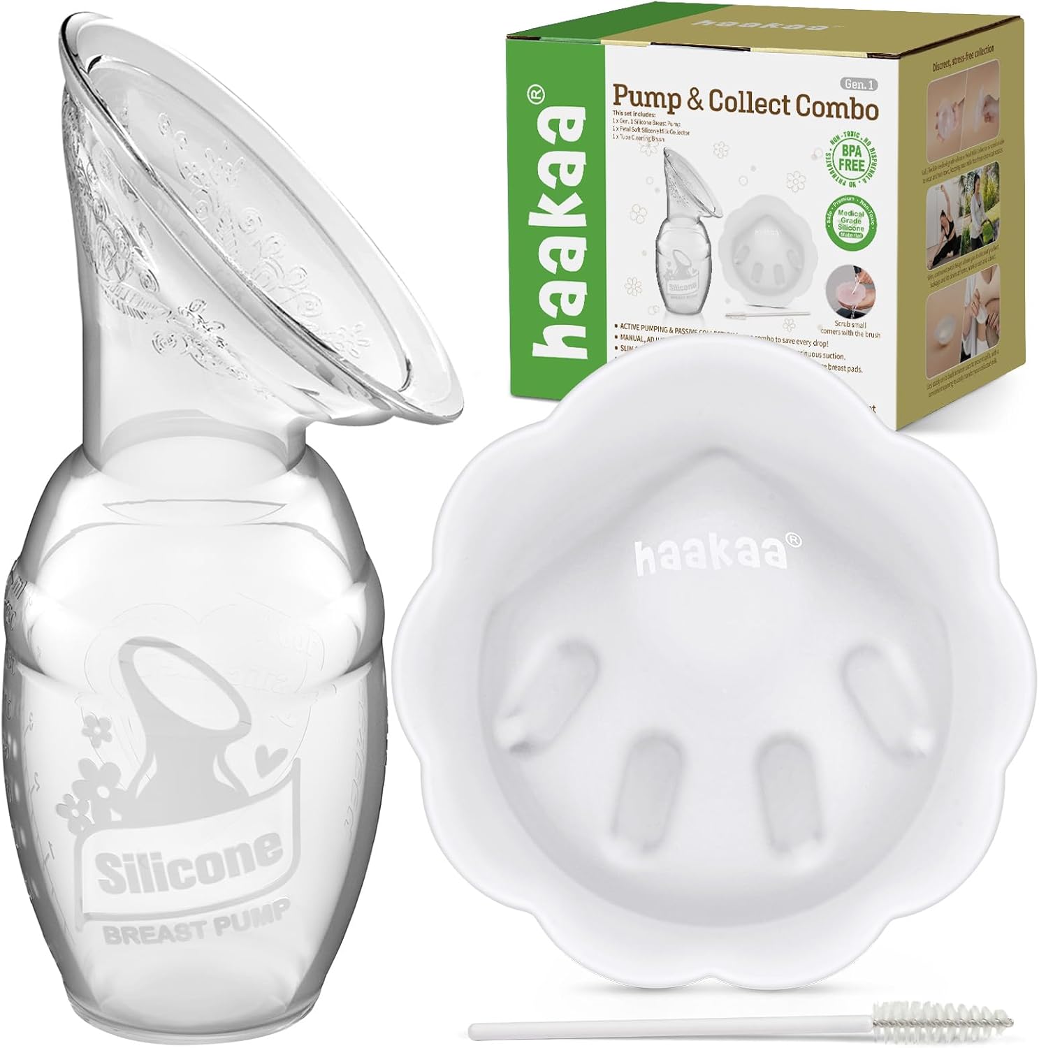 haakaa Manual Breast Pump for Breastfeeding 4oz/100ml and Petal Milk Collector Combo丨Food-Grade Silicone, Breast Milk Catcher for Leaking Milk with Cleaning Brush