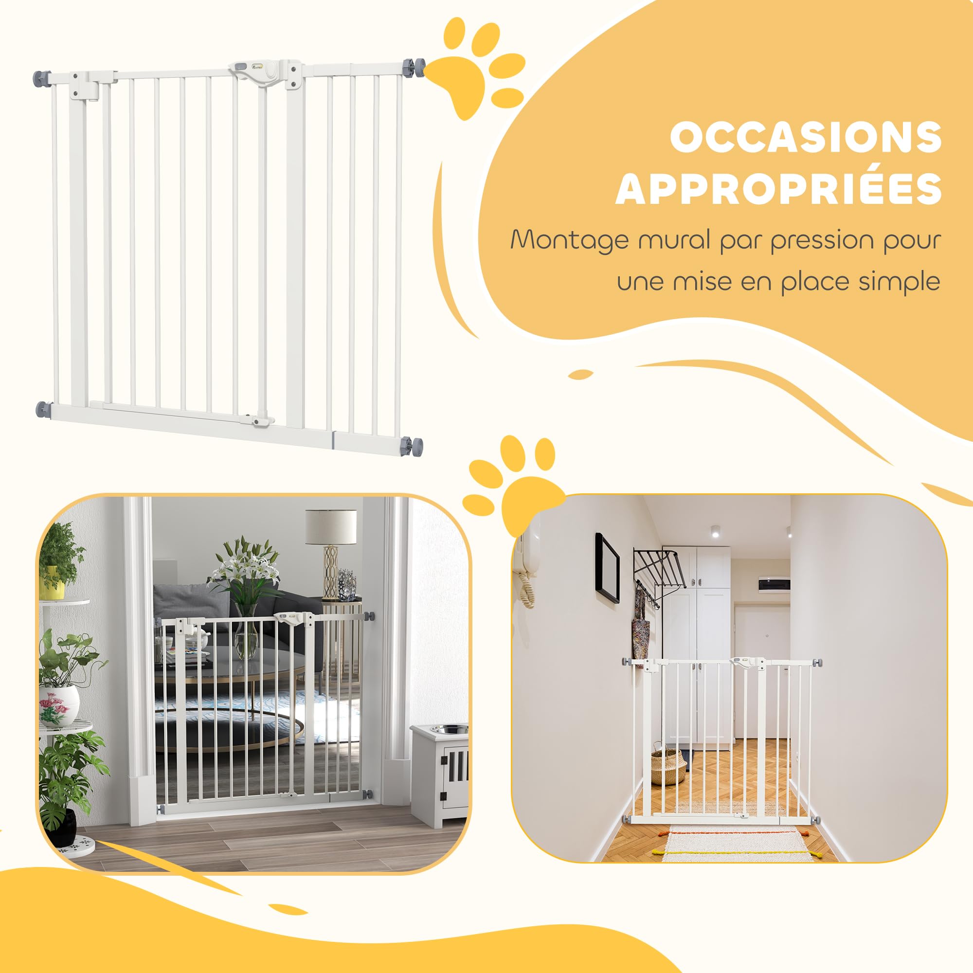 PawHut - Barrera de Seguridad para Animales (74-94 x 77 cm, con Puerta de Cierre automático, Sistema de Doble Bloqueo sin Taladro, con 1 extensión, Color Blanco | Cierre automático, doble bloqueo, sin taladrar, 1 extensiones, para escaleras, pasillos, pue