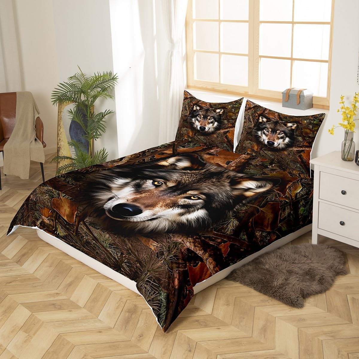 Wolf Kids Duvet Cover Set King Size,Camo Dead Branches Rustic Farmhouse Bedding Set,Girls Boys Adults Room Decor,Wild Animals Hunting Adventure Comforter Cover,Brown Retro Quilt Cover,2 Pillowcases