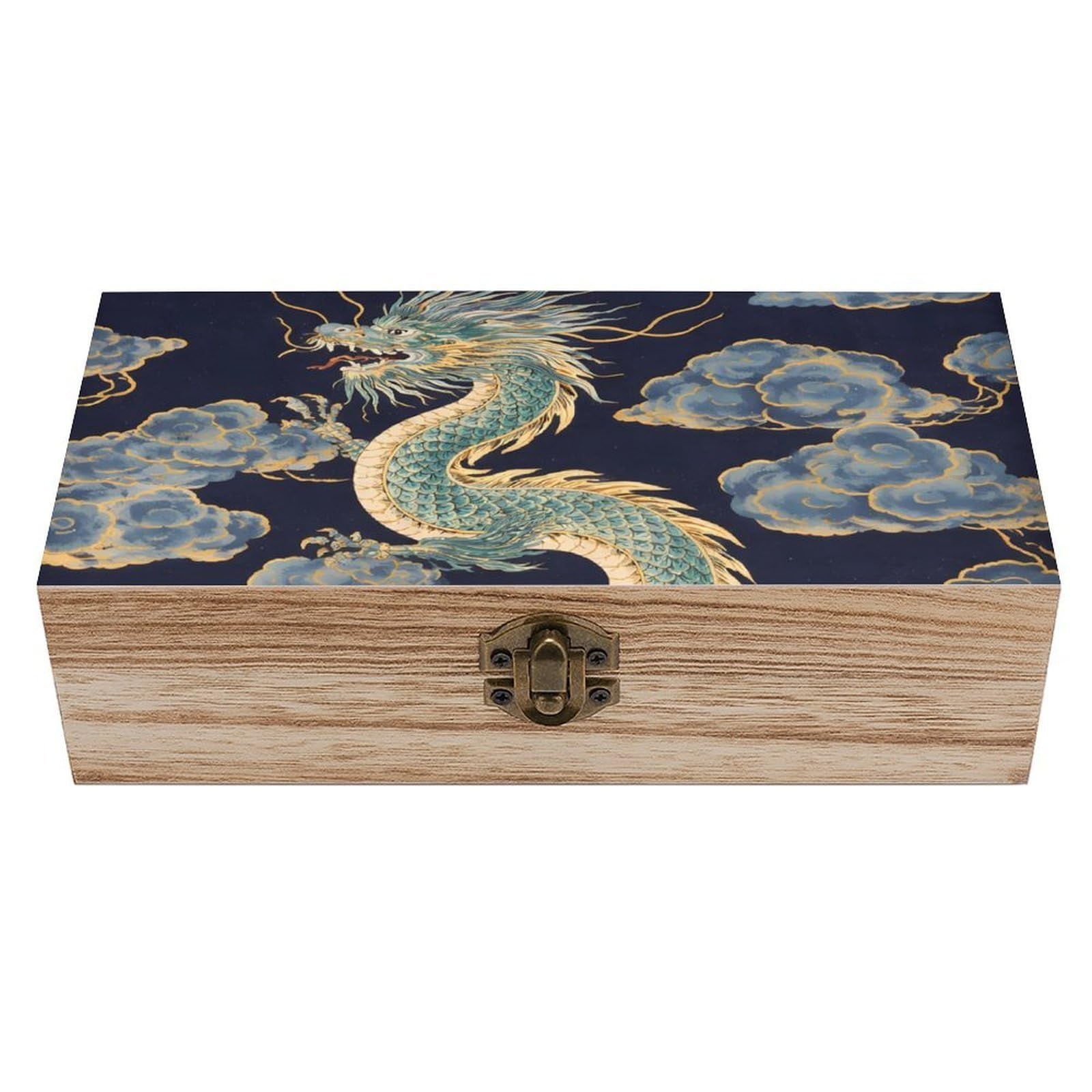 SMAZDFXX Traditional Dragon Art Wooden Storage Box With Hinged Lid Decorative Front Clasp Keepsake Boxes