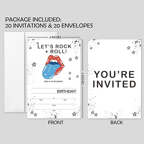Miniatura 2 de 20 juegos de invitaciones de cumpleaños de rock and roll con sobres, labios de arte pop con lengua azul impresas de doble cara tarjetas de