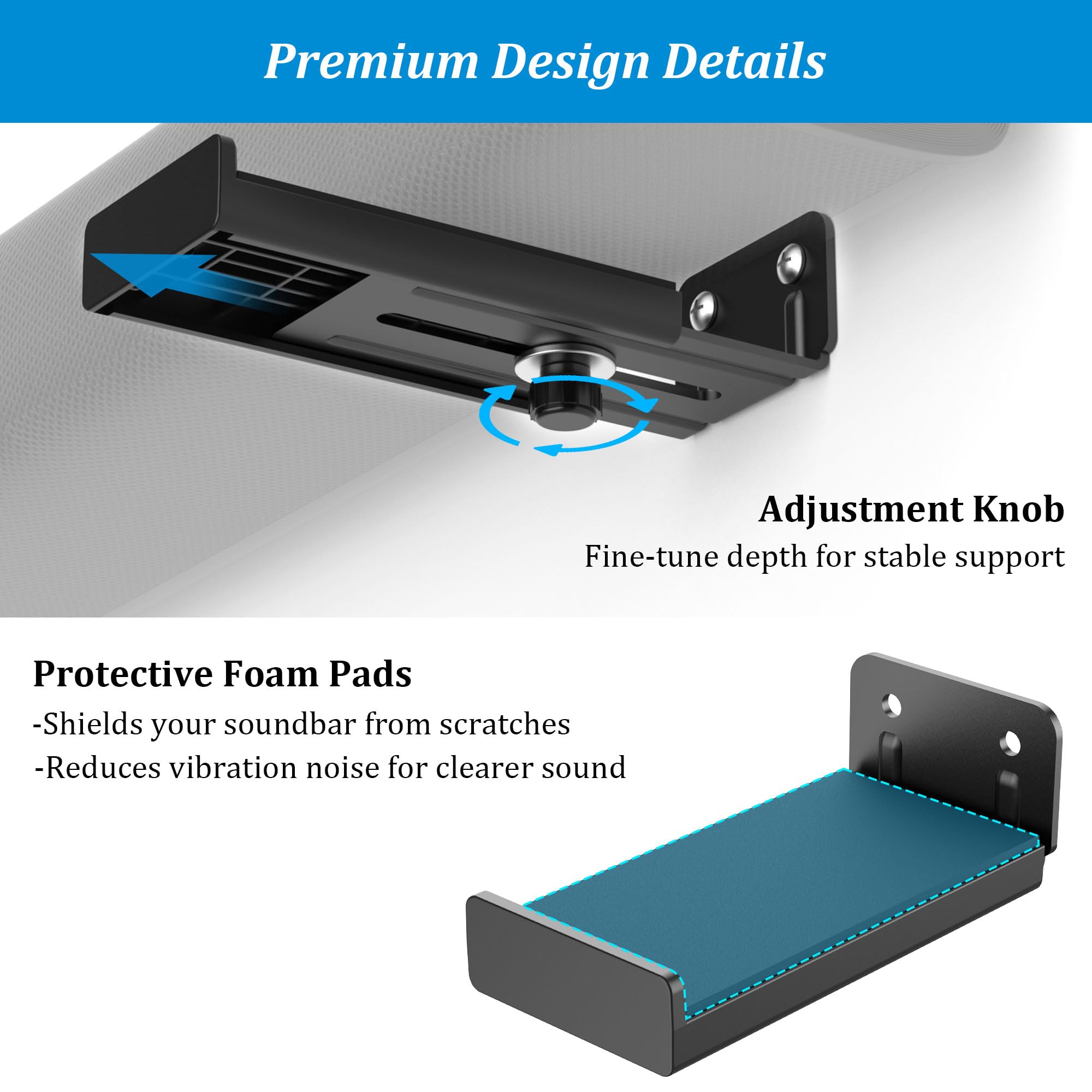 Supporto da parete per soundbar PlusAcc, portata 15 kg, profondità regolabile 10-17 cm, Nero