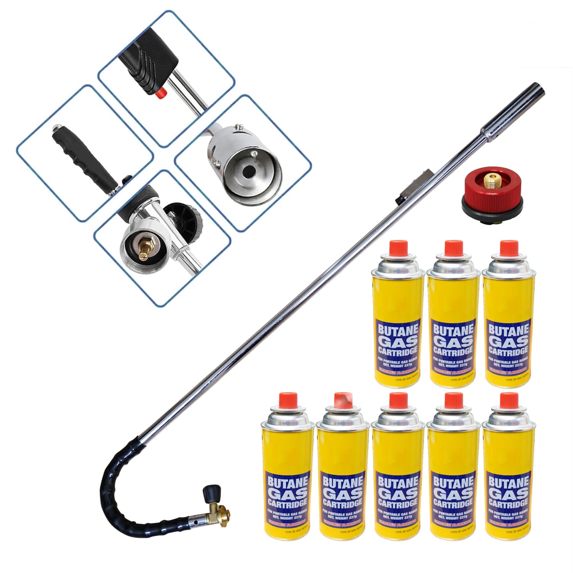 Dapetz ® Butane Wand Blowtorch For Weed Gas Burner Torch with Adjustable Flame Weeds Killer Burner Flame Thrower With 8 Gas Refills Canisters with adaptor Converts Fuel Canister Head for Long Gas Tank