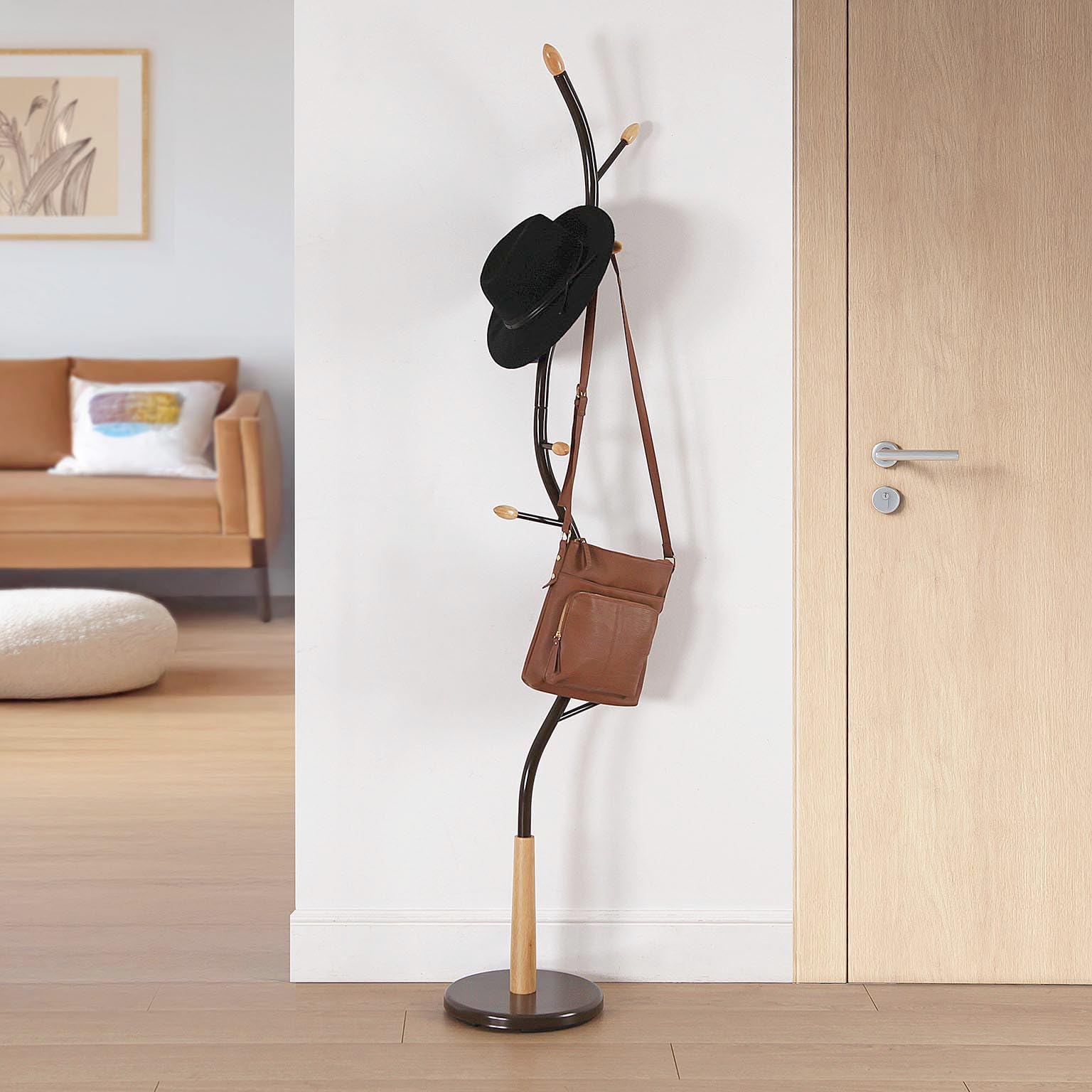 Versa Swindon Minimalistyczny wieszak na ubrania z 9 haczykami lub wieszakami na ubrania lub torby do przedpokoju, wymiary (wys. x szer. x gł.) 180 x 30 x 30 cm, metal, brąz