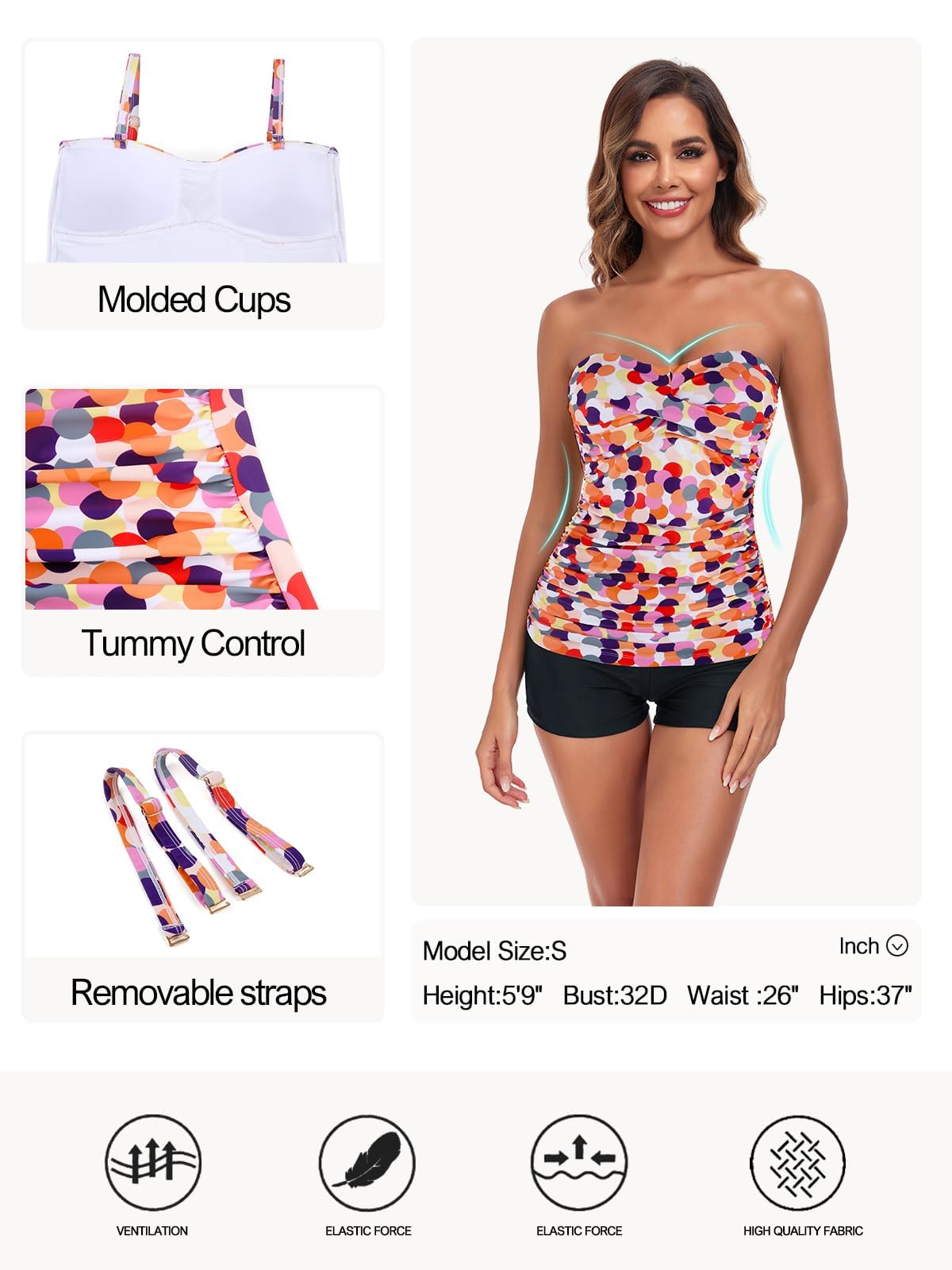 Ocean Blues Maillot de bain bandeau torsadé pour femme - Haut tankini froncé avec contrôle du ventre uniquement