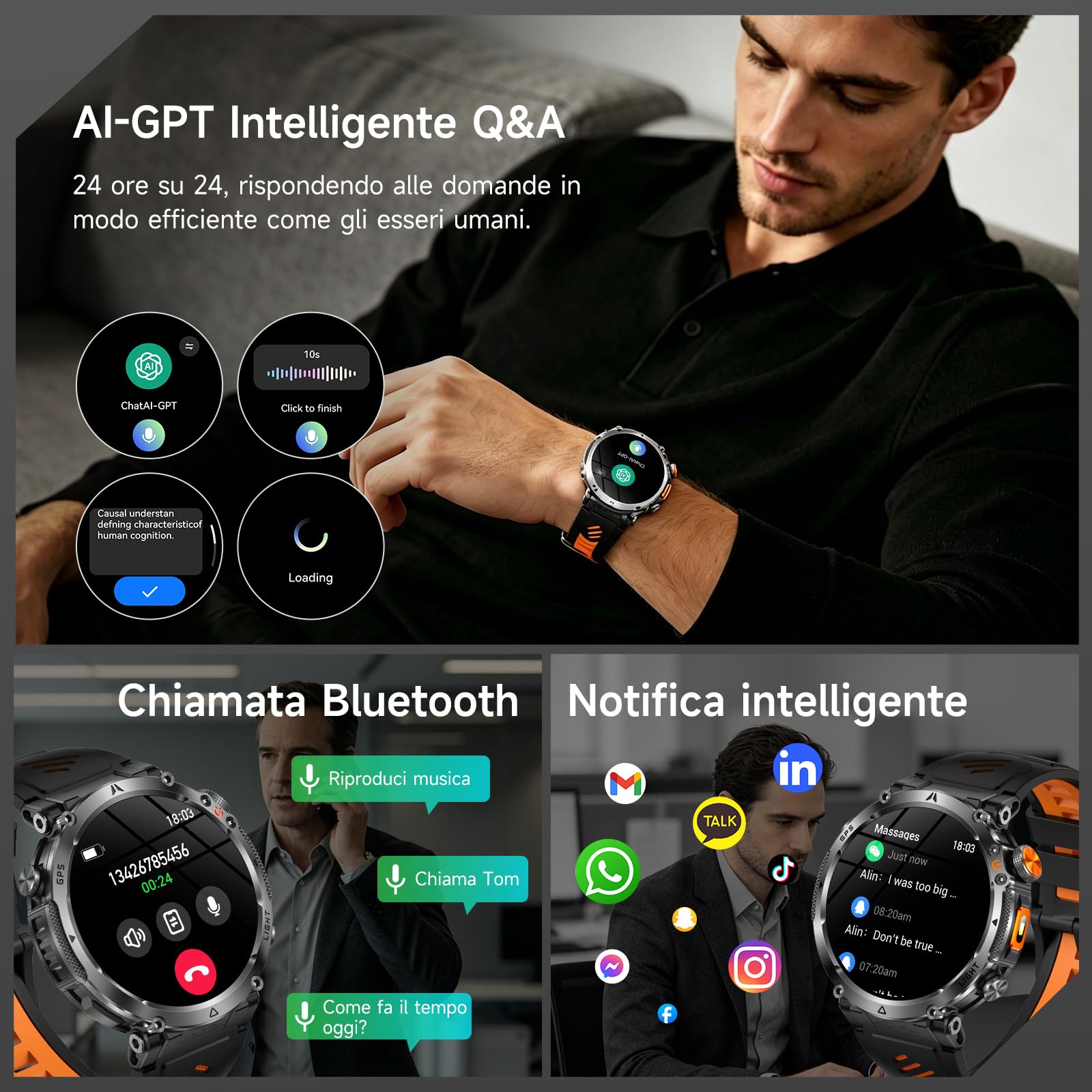 Smartwatch Uomo GPS/AI-GPT, 1.7" Orologio Smartwatch con Chiamate Bluetooth | 3ATM, Torcia, Bussola, 850 mAh Batteria, Monitoraggio Sonno e Cardiofrequenzimetro, 100+ Modalità Sportiveper IOS/Android