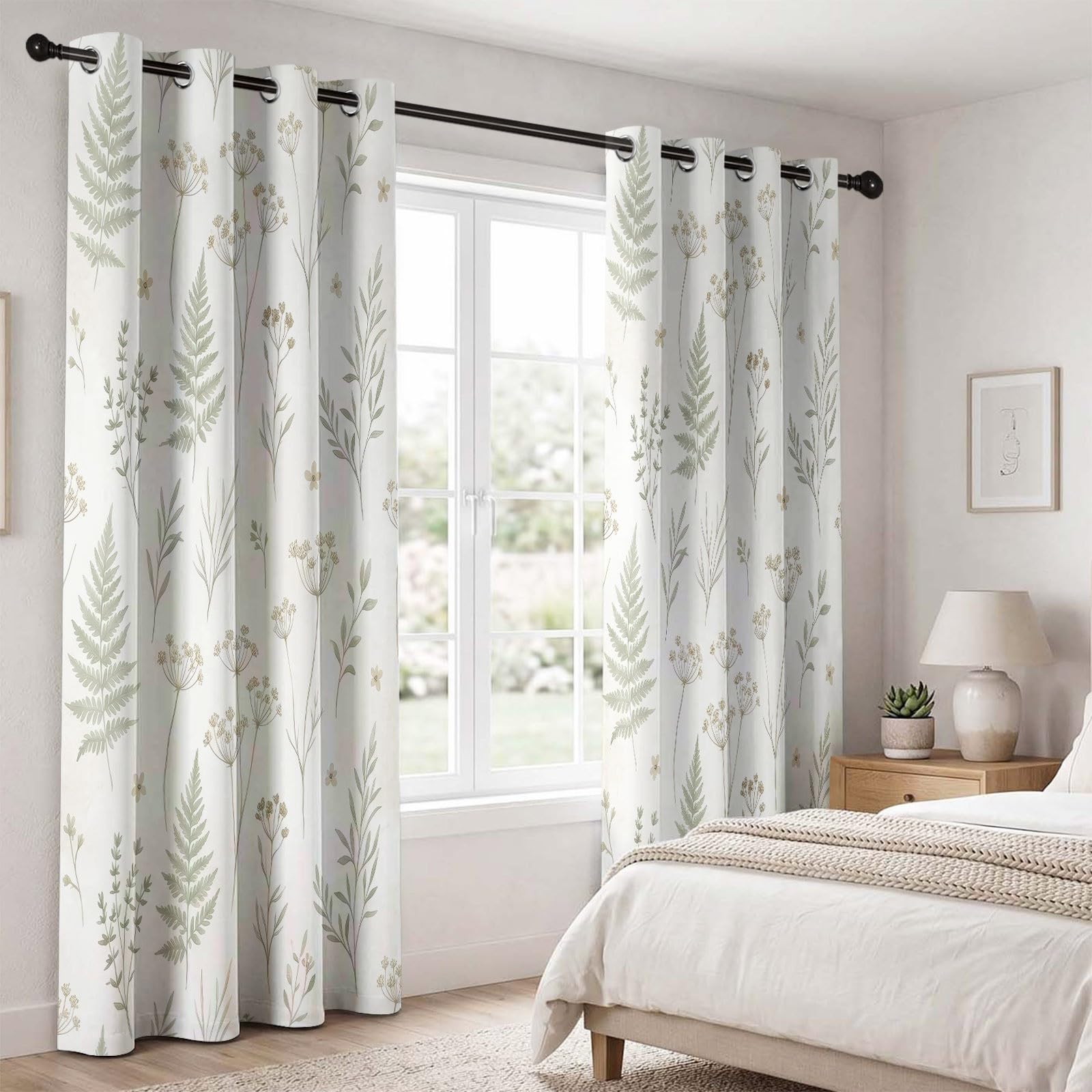 Französisch Landhausstil Verdunkelungsvorhänge, H200 x B70 cm Aquarell Pflanzen Farnblätter Blumen Vorhänge mit Ösen 2er Set für Schlafzimmer, Weiß Raumverdunkelung Fenstervorhänge für Wohnzimmer