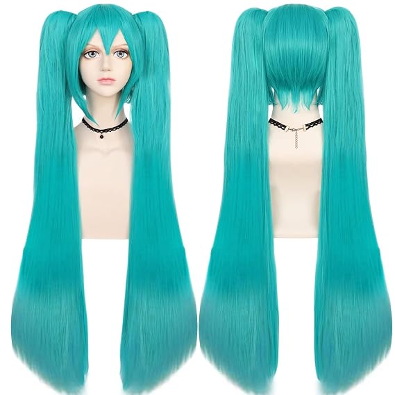 ANOGOL Hair Cap+48inch/120cm Green Wig Cosplay Green Teal wig Double Ponytail Wig, Long Teal Lolita Wig for Halloween Costume, Long Cyan Wig With Bangs Straight Wig for Halloween Party Cosplay Wig | Hair Cap+ 48inch/120cm Green Costume Wigs Teal Lolita Wigs for Halloween Straight Cyan Hair with Bangs and Clip-on Ponytails
