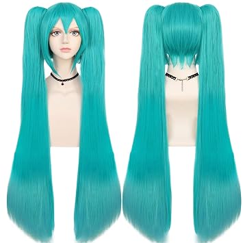 ANOGOL Hair Cap+48inch/120cm Green Wig Cosplay Green Teal wig Double Ponytail Wig, Long Teal Lolita Wig for Halloween Costume, Long Cyan Wig With Bangs Straight Wig for Halloween Party Cosplay Wig | Hair Cap+ 48inch/120cm Green Costume Wigs Teal Lolita Wigs for Halloween Straight Cyan Hair with Bangs and Clip-on Ponytails