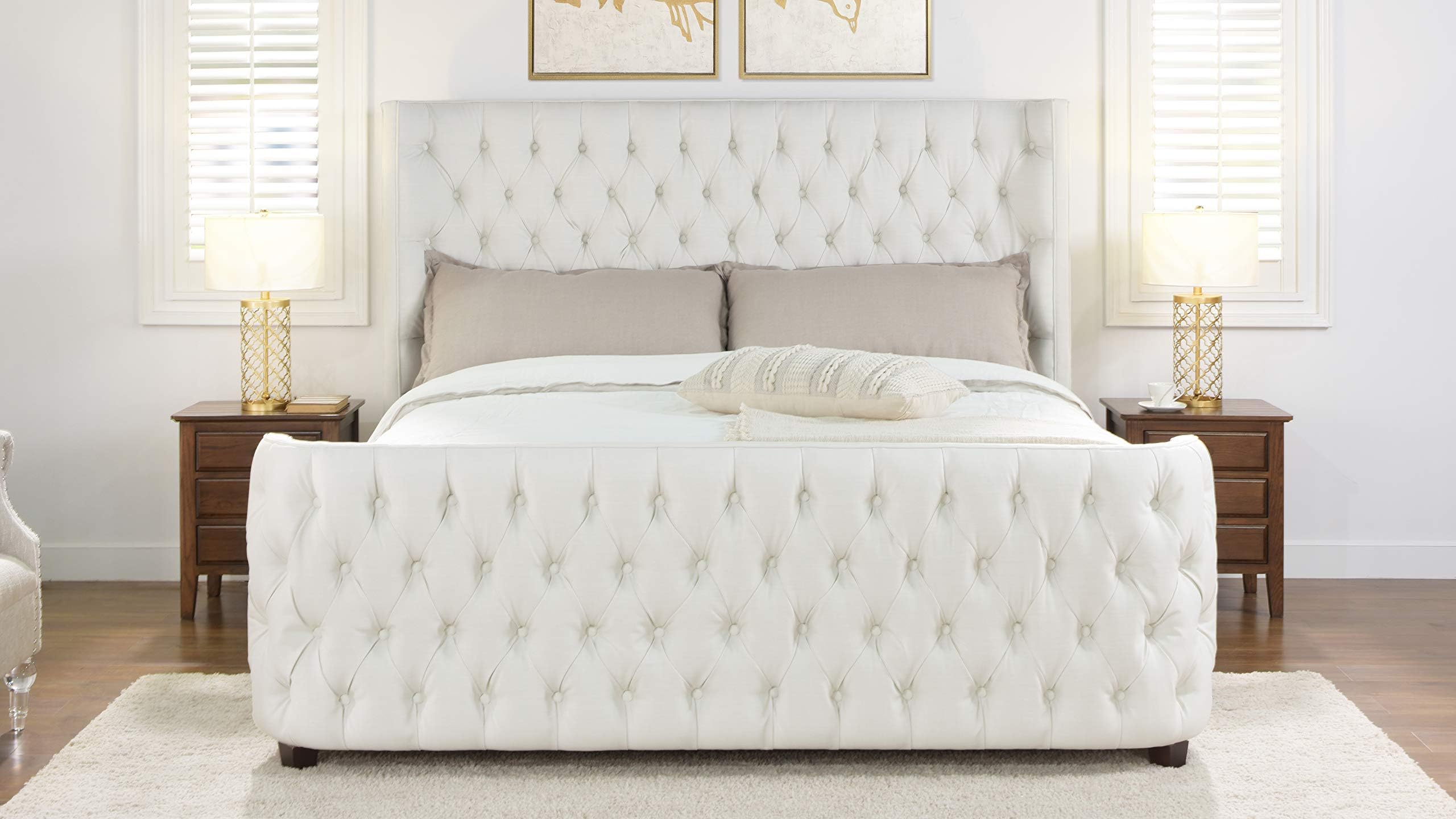 Brooklyn King Tufted Panel Bed Headboard and Footboard Set, Antique White Polyester