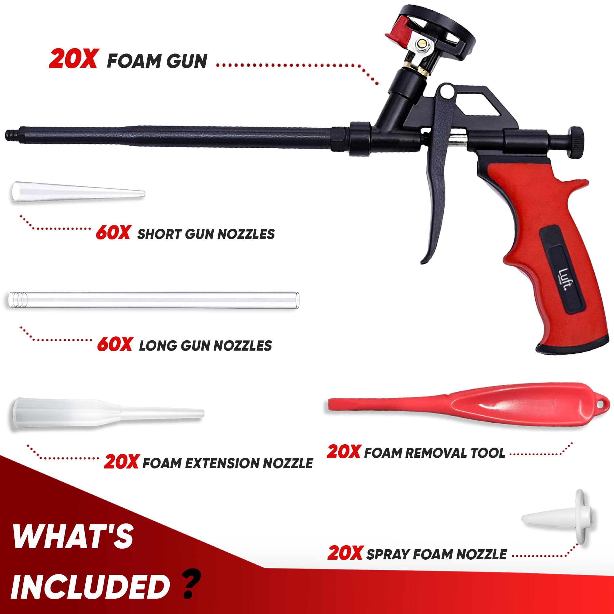 Luft - Pistola de espuma expansible profesional (20 pistolas de aislamiento + 180 extensores), aplicador aislante de poliuretano, pistola de espuma dispensadora de cuerpo de metal resistente, adecuada