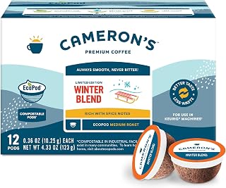 Cameron's Coffee Winter Blend EcoPods, K Cup Coffee Pods, 12 ct | Medium-Dark Roast, Chocolate, Spice & Cream Notes, 100% Arabica, Single Serve EcoPods, Compatible with most Keurigs