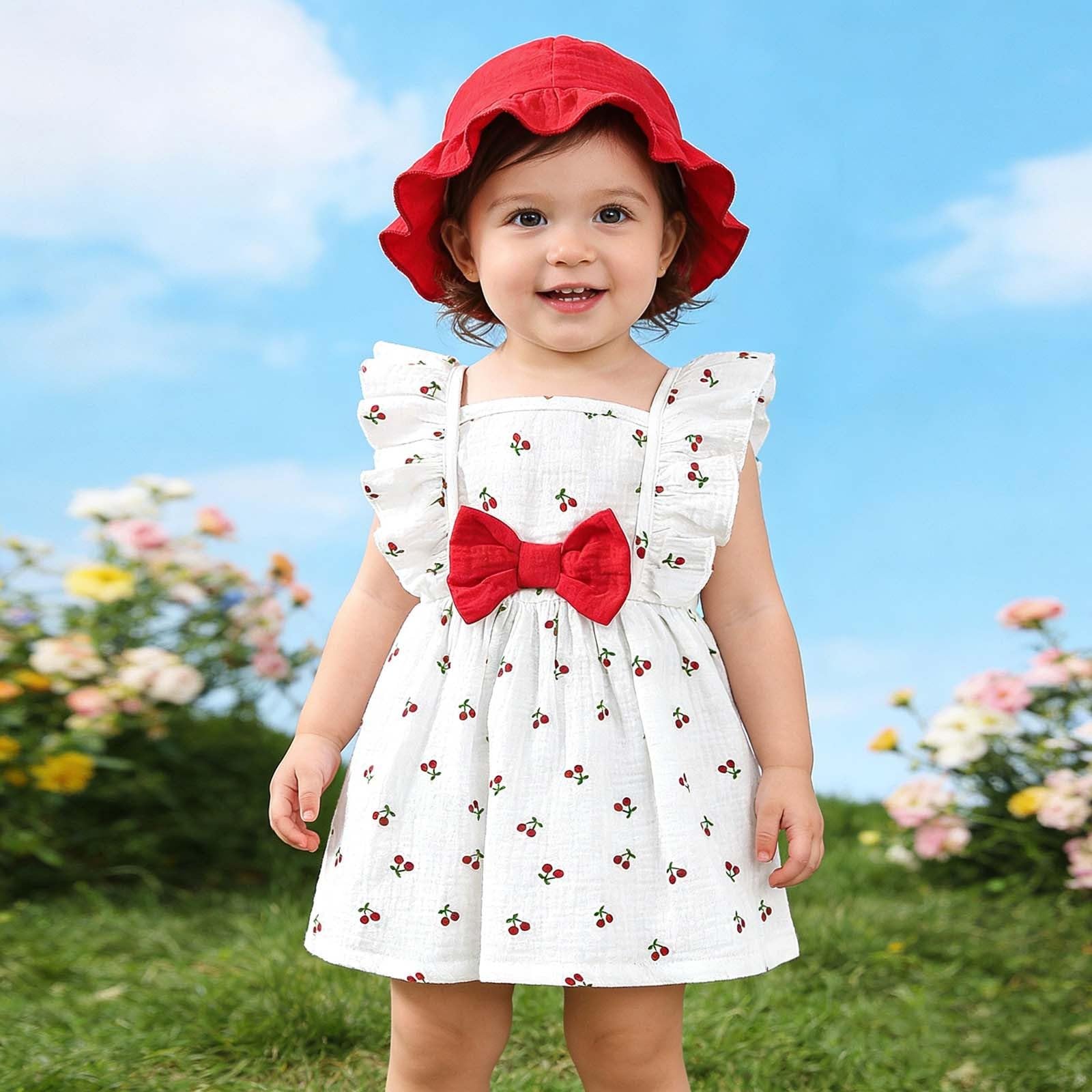 Vestido Niña Ropa Bebe Conjunto Vestido y Gorro Ropa Bebe Verano Floral Fruncido sin Mangas Vestidos Flores de Algodón Lino de Primavera Verano para Niñas