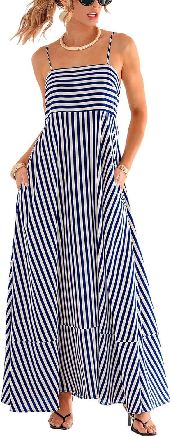CUPSHE Womens Summer Maxi Dress Casual Sleeveless Square Neck Striped Beach Long Dress with Pockets