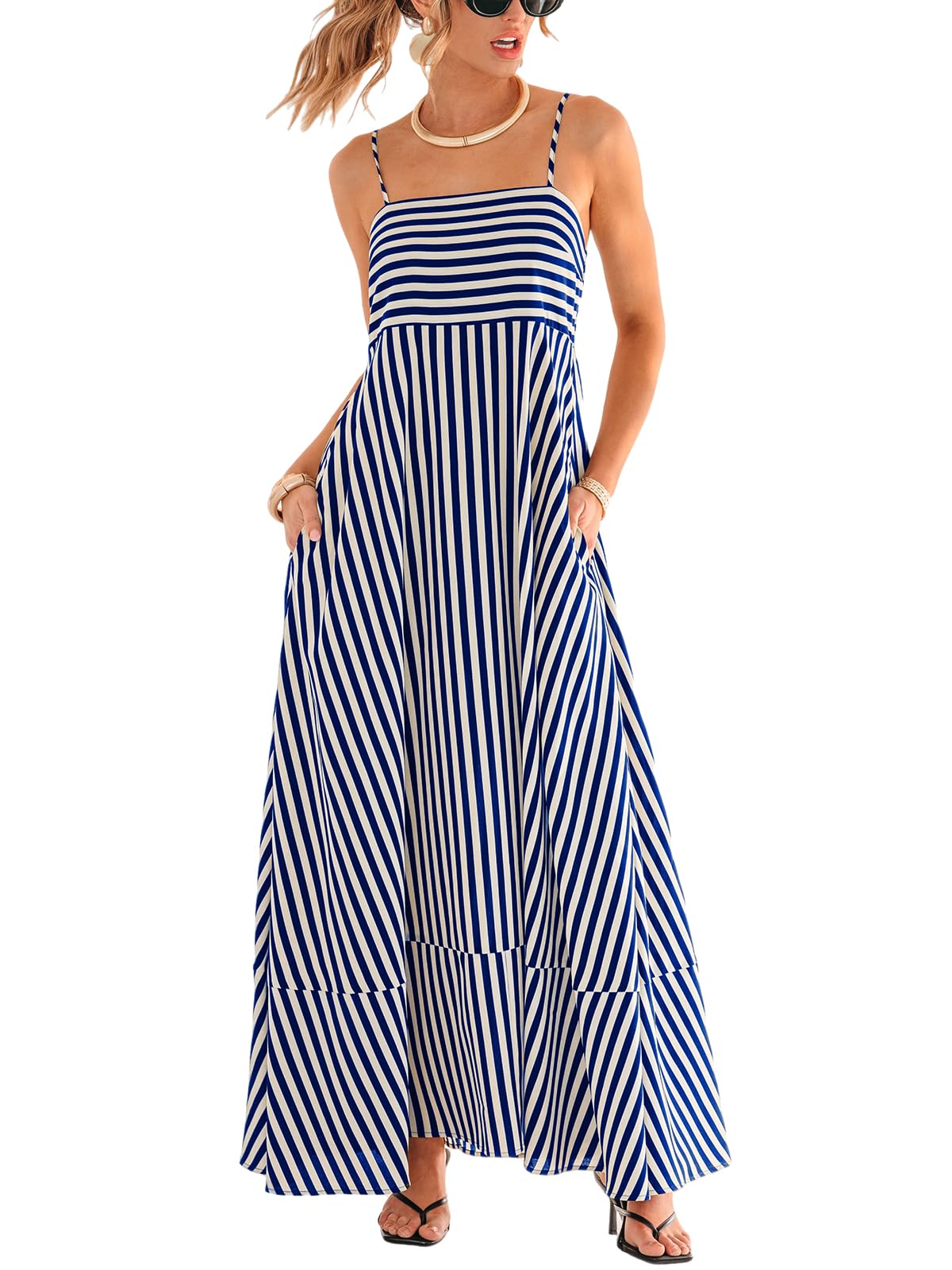 CUPSHE Robe longue d'été décontractée sans manches avec poches et col carré pour femme
