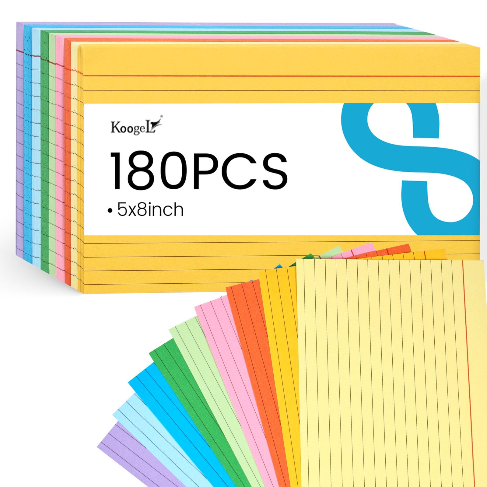 Koogel 180PCS Large Colored Index Cards, 5x8 Inch Lined Index Neon Colored Flash Cards with Both Sides Notecards for Back To School Studying School