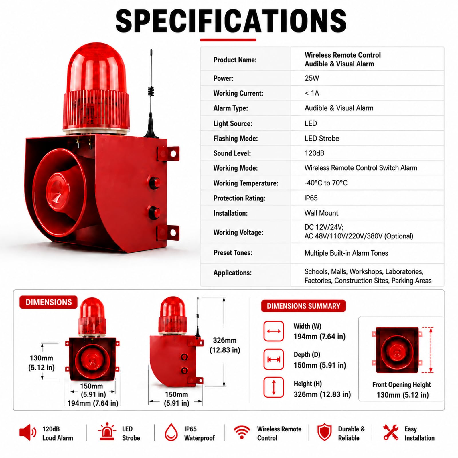 Sirena Impermeable Exterior, 500m Mando A Distancia Alarma 120dB Machine+3RemoteControl | Volumen 0-120dB Ajustable, LED Estroboscópico, IP65, Reemplazo De Voz USB, Montaje En Pared Sencillo, Para Talleres