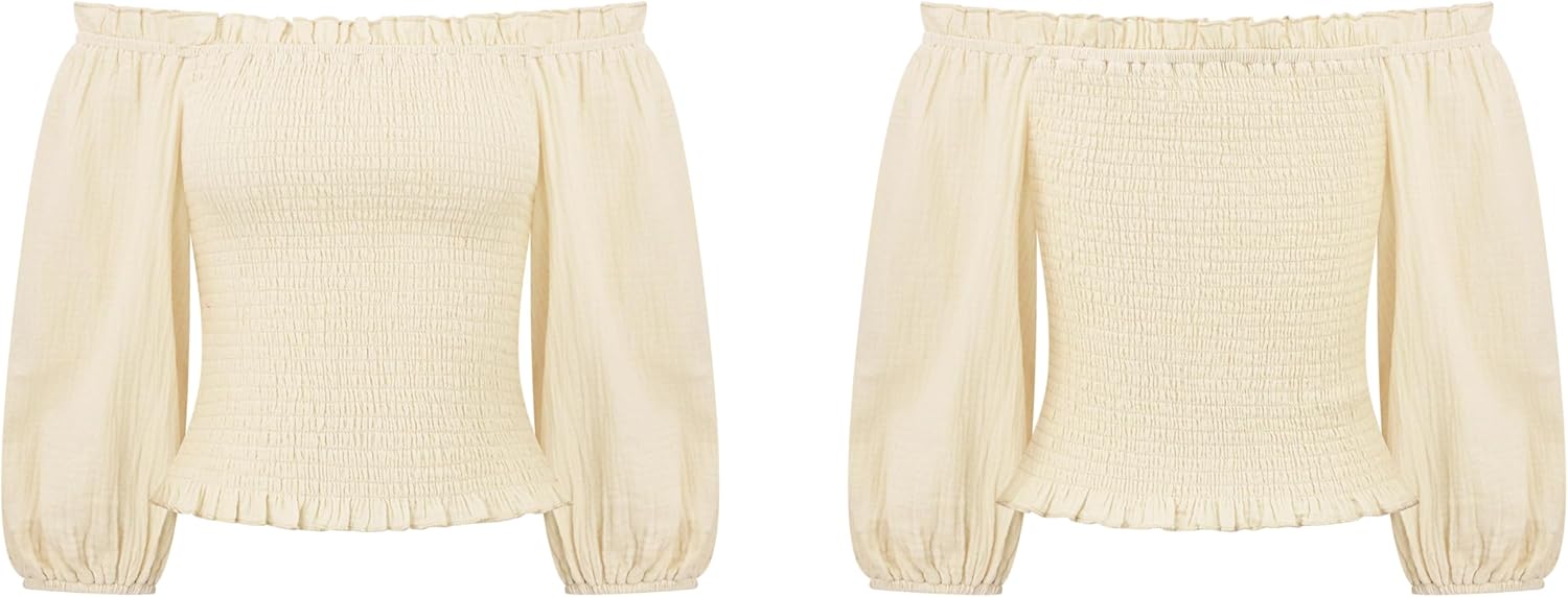 R.Vivimos Women's Summer Cotton Short Sleeves Off The Shoulder Crop Tops Ruffle Slim Blouses - Image 7