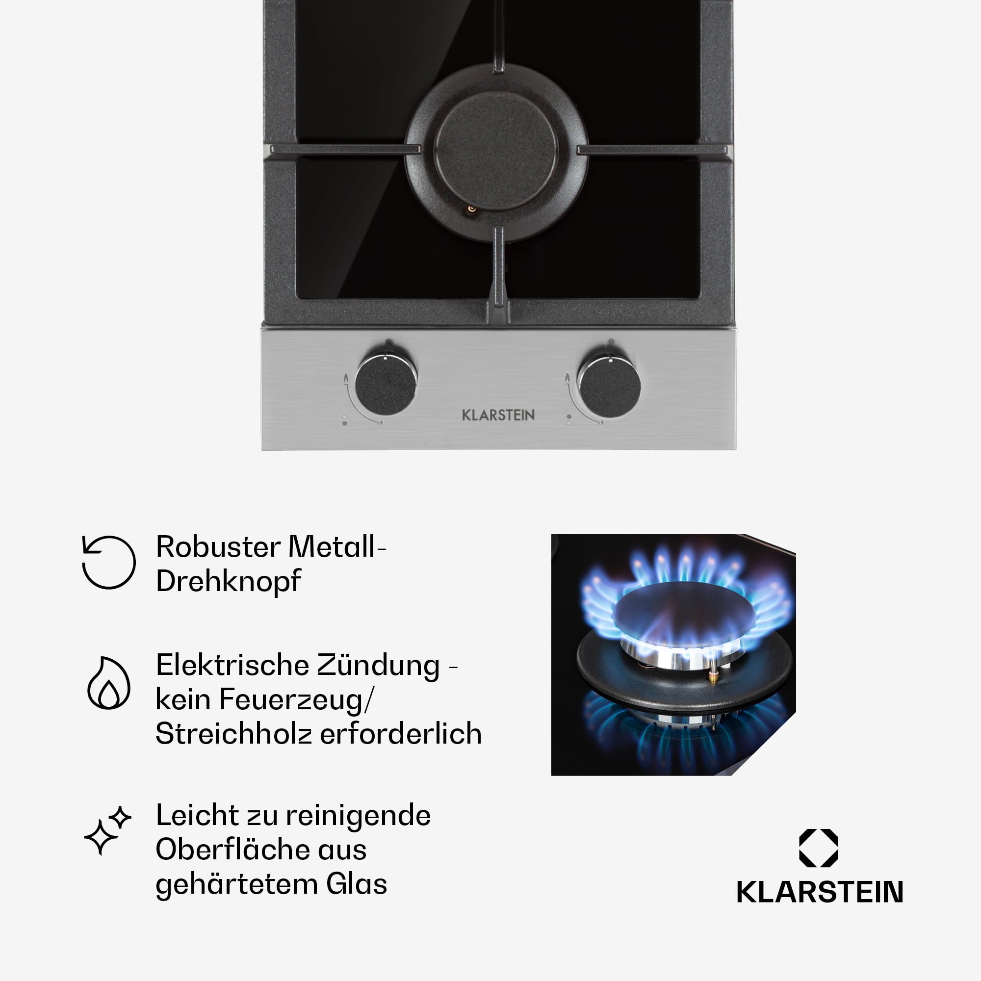 Klarstein Gaskocher 2-Flammig, 4,2 kW Einbau-Gaskocher für Innenbereich, für Wohnmobil, 2-Flammiger Moderner Einbau Gasherd, Zwei Brenner Gas Herd