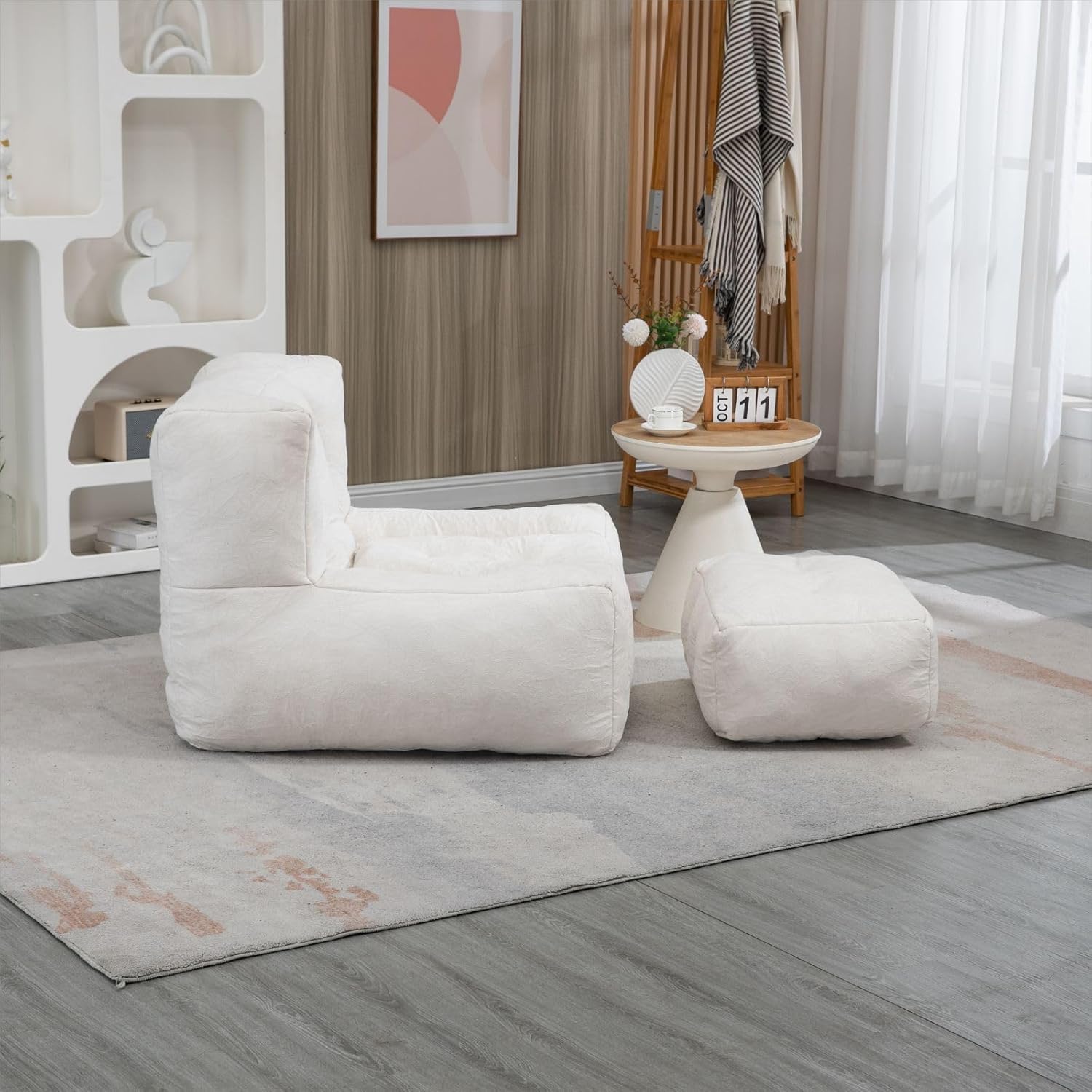 KEVINSPACE Bean Bag Chair Giant High-Density Foam Filling Sofa with Foot Stool Living Room Furniture Big Soft Fluffy Beanbag Lazy Sofa Bed for Teens, Adults to Gaming, Reading, Watching TV White