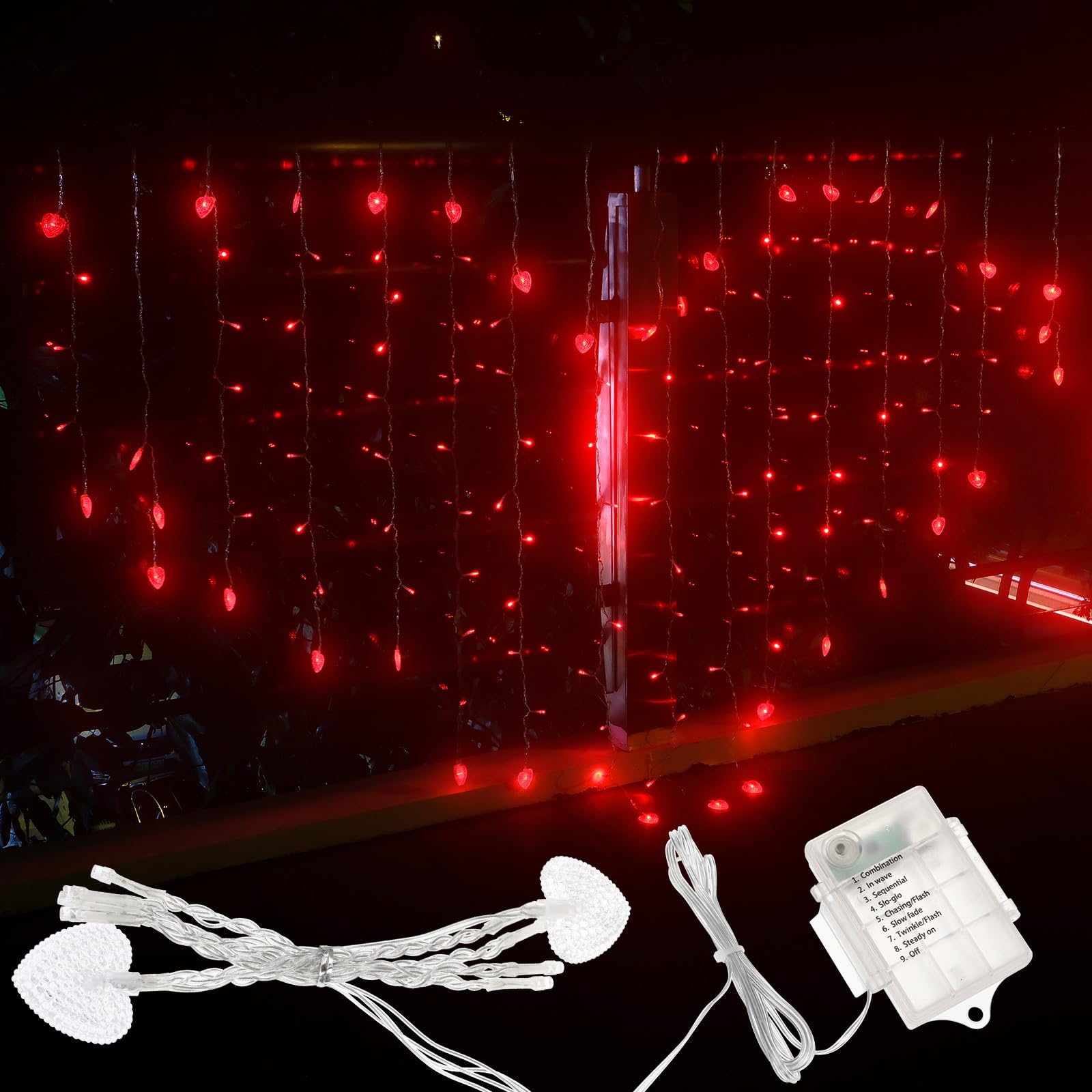 SHINEOFI Herzförmige Led-lichterkette für Fensterdekoration im Innenbereich, Ideal für Hochzeiten, Valentinstag Und Andere Anlässe, 78,7 X 59 Zoll, Rot (ohne Batterie)