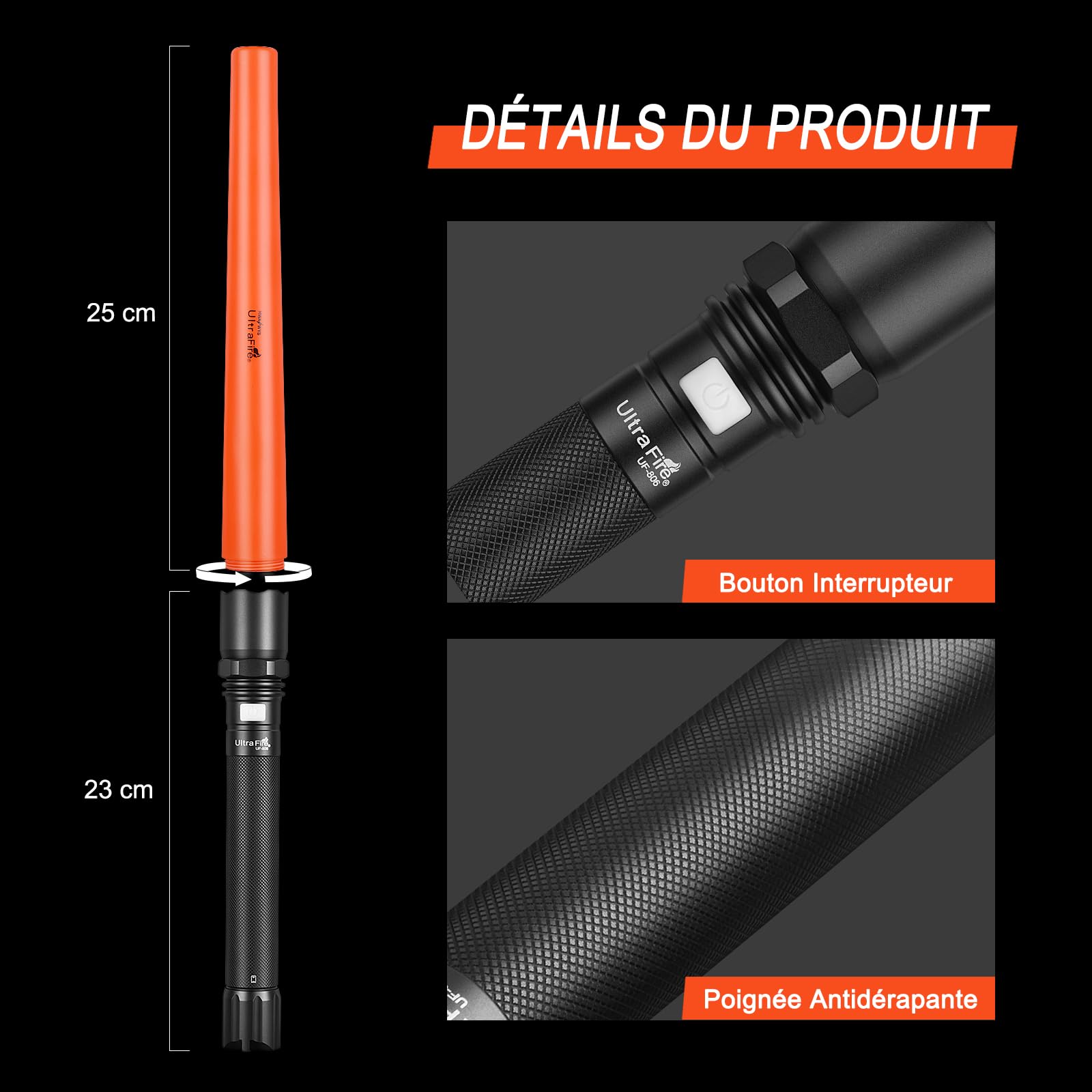 ULTRAFIRE Lampe torche LED de 48,3 cm avec contrôle de la circulation routière, 3 modes de guidage, baguette de signalisation, lampe torche de sécurité 850 lumens pour direction de voiture,