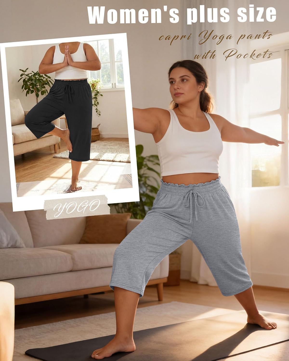 Neer 3 Pack Women's Plus Size Capris High Waisted Drawstring Wide Leg Cropped Sweatpants Lounge Yoga Pants with Pockets - Image 3