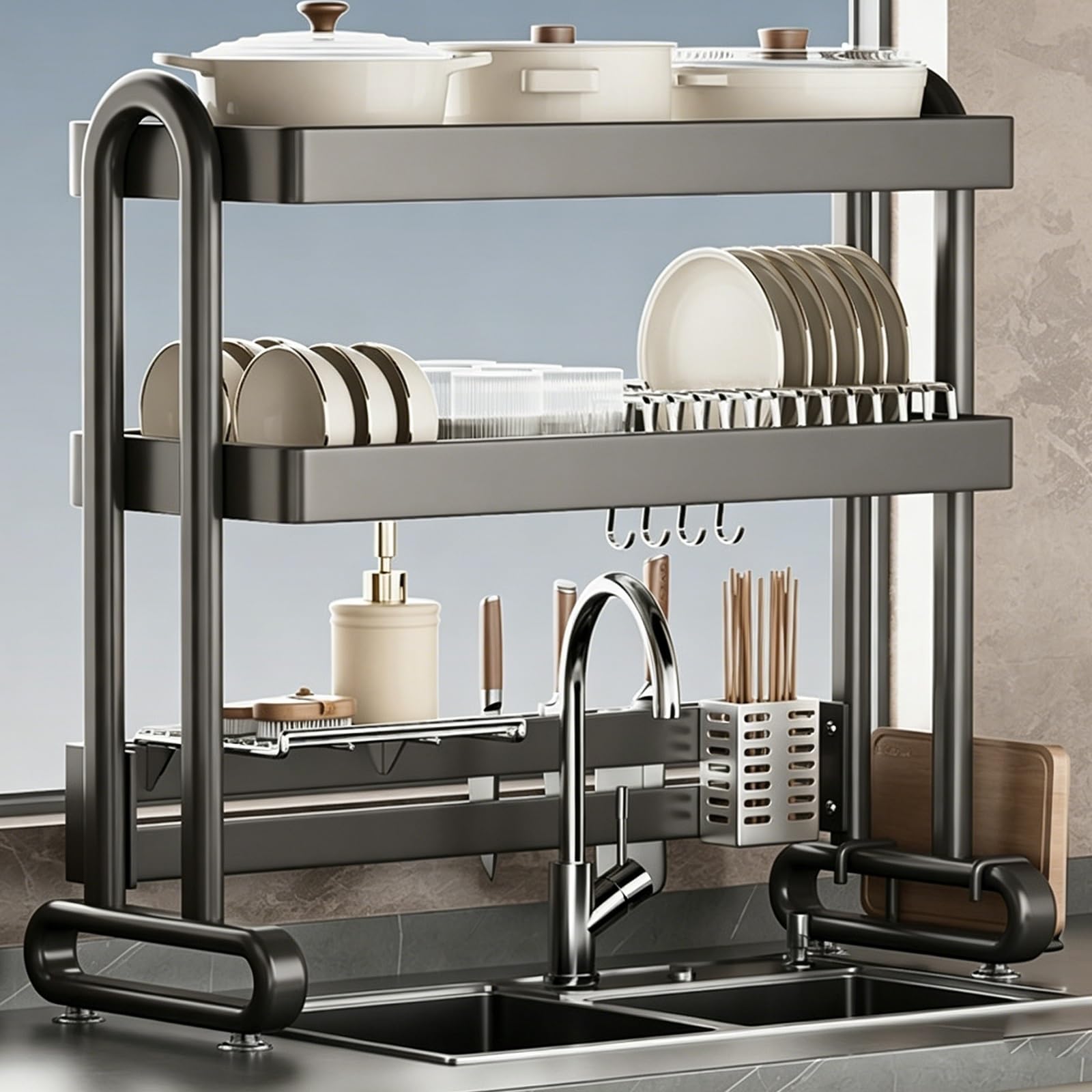 Escurridor de Platos de Acero al Carbono Robusto Organizador de encimera ventilado y autodrenante para Guardar Platos, Cuencos y Fuentes (Doble Capa, 86,5 cm/34,1 Pulgadas