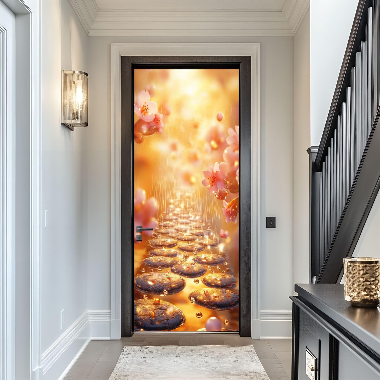 Door Sticker Decals 3D Reflective Cherry Blossoms an Oil Rainy Tranquility Door Sticker Murals Peel and Stick Door Wallpaper Self-Adhesive Door Poster for Bedroom Living Room 30