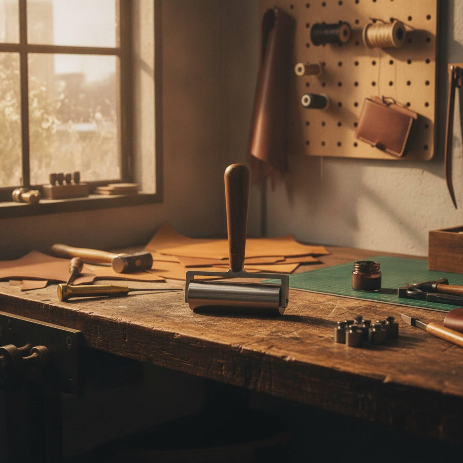 Rullino Pressatore a Doppio Cuscinetto Rullo con Manico in Legno Durevole Utensile per Appassionati di Fai da Te, Lavorazione Del Cuoio
