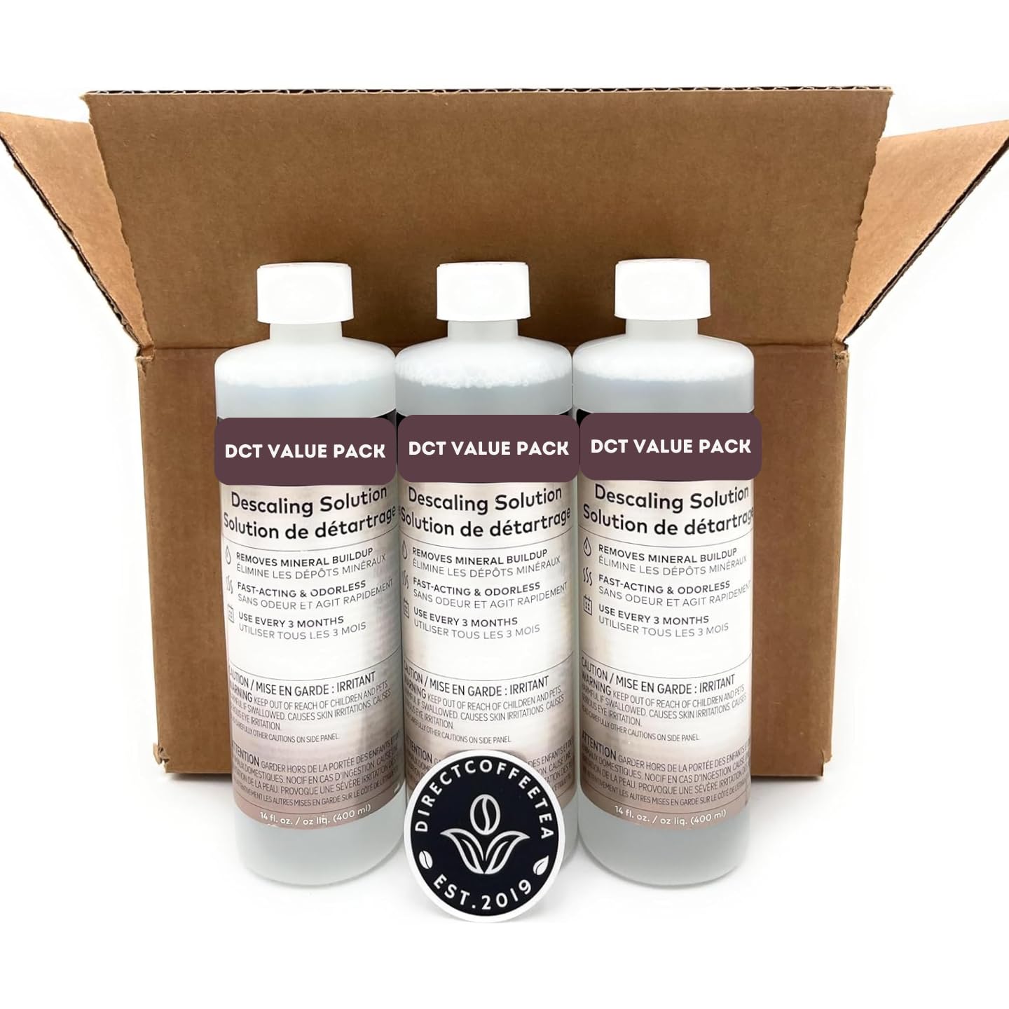 Descaling Solution Pack of 3 (14 fl oz Each) for Single Serve Coffee Machines with Complimentary Direct Coffee Tea Est 2019 Brand Sticker