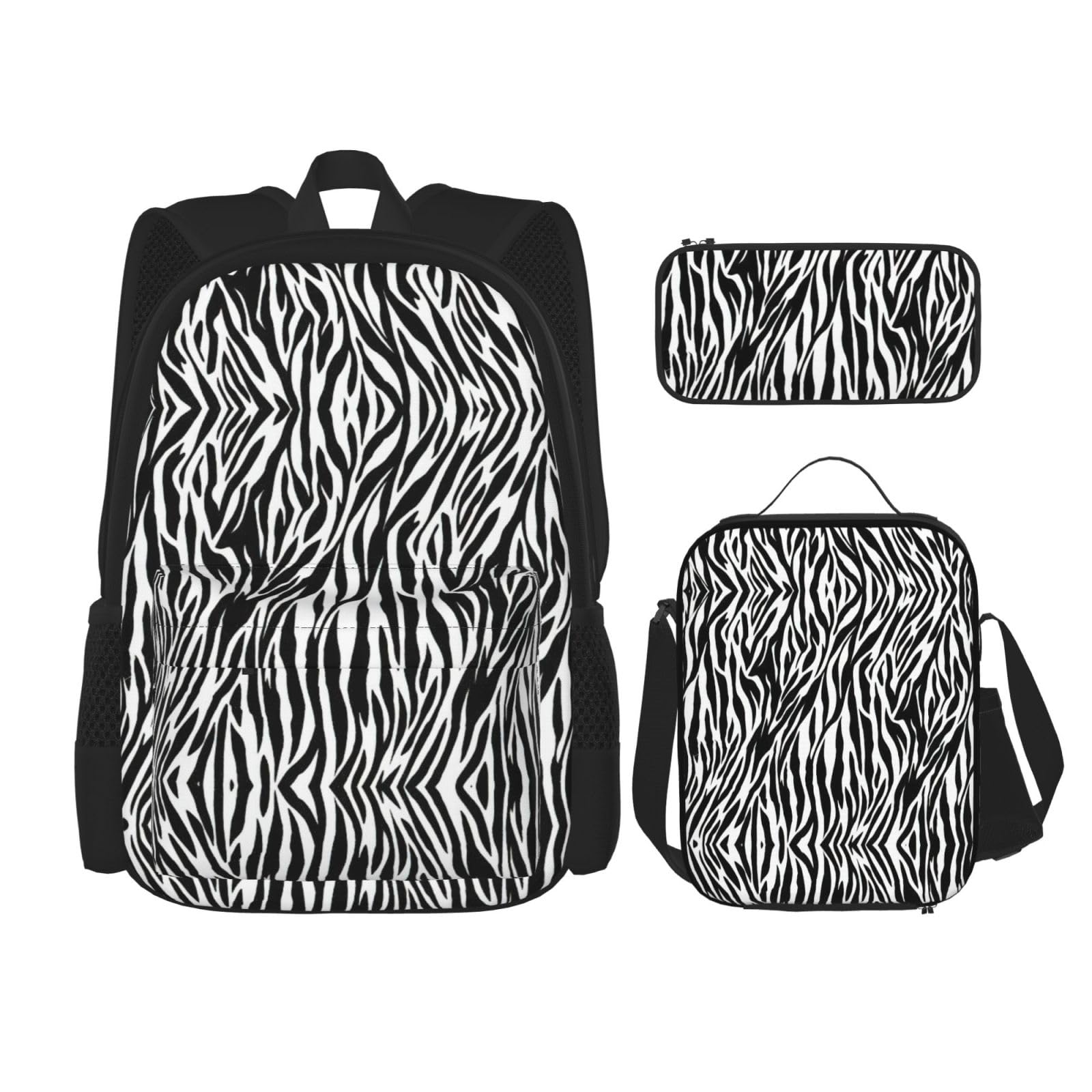 Juego de 3 mochilas escolares con estampado de cebra, mochila para laptop resistente al agua de gran capacidad con bolsa de almuerzo aislada y estuche para lápices para adolescentes de