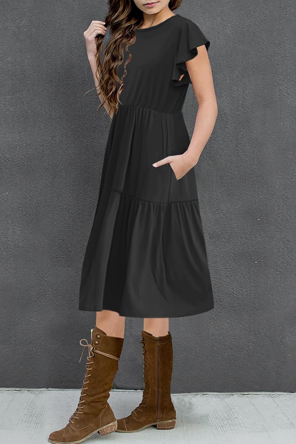 HOSIKA Girls Summer Ruffle Short Sleeve Crew Neck Loose Casual Flowy Tiered Short Dress with Pockets for 6-12 Y - Image 3