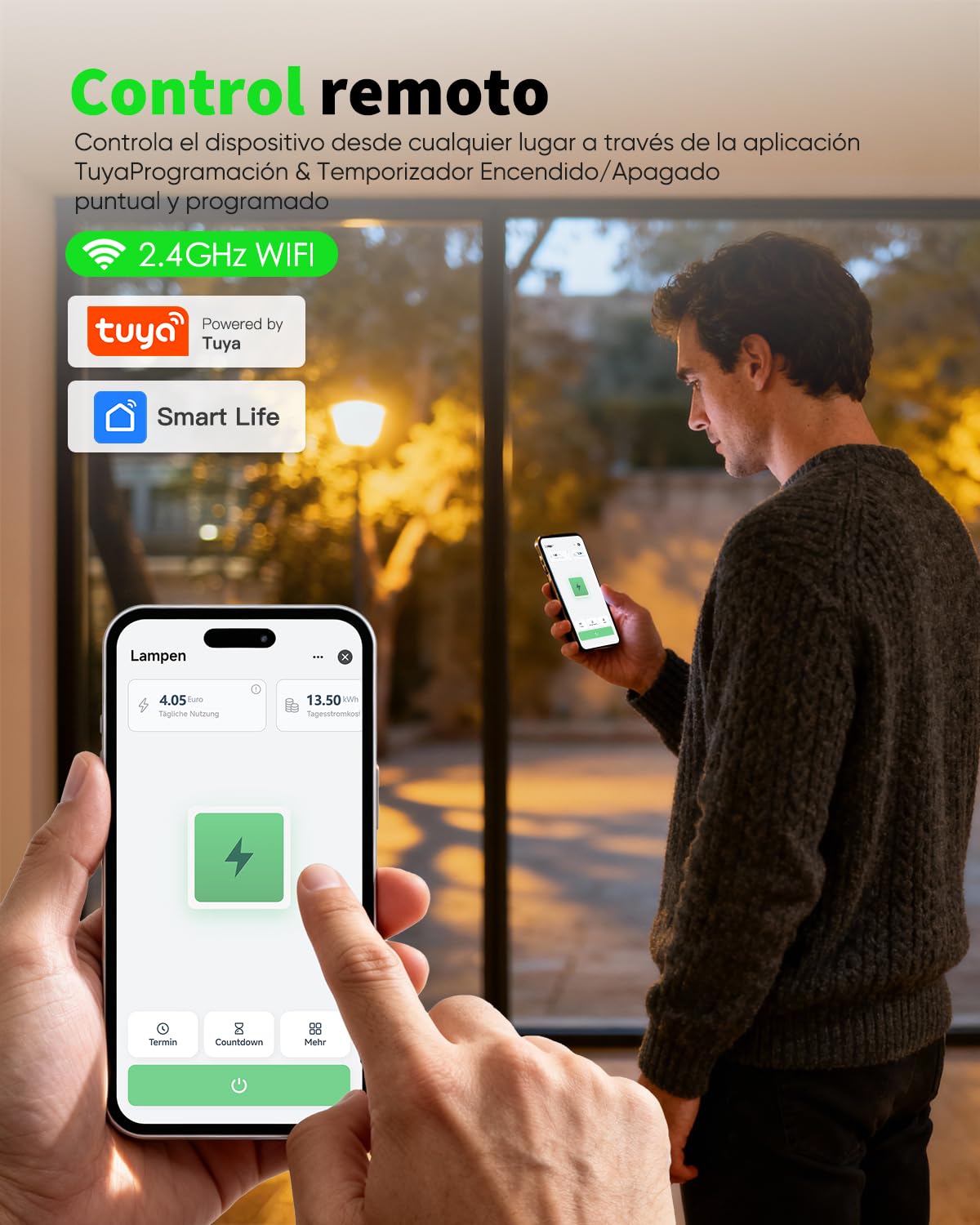 GreenSun Enchufe WiFi Exterior IP44 16A con Medidor y VeSync, 2 Uds | Control por app o voz, mide el consumo y programa horarios o temporizadores. Compatible con Alexa, VeSync y WiFi 2,4 GHz