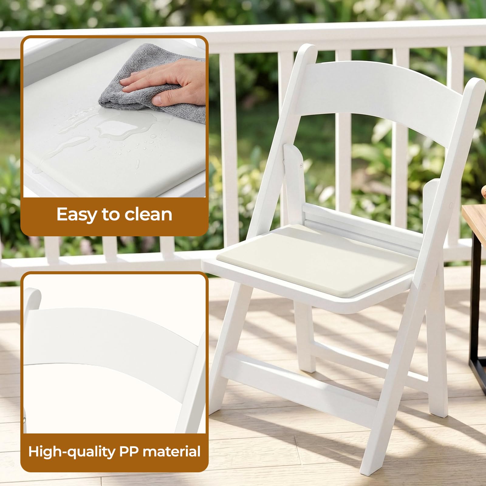 LIFERUN Lot de 2 Chaises Pliantes en Résine, Rembourrées, Charge Maximale 200 Kg, Empilables, Robuste et Durable, Idéales pour Invités, Jardin, Bureau, Camping, Usage Intérieur et Extérieur, Blanc