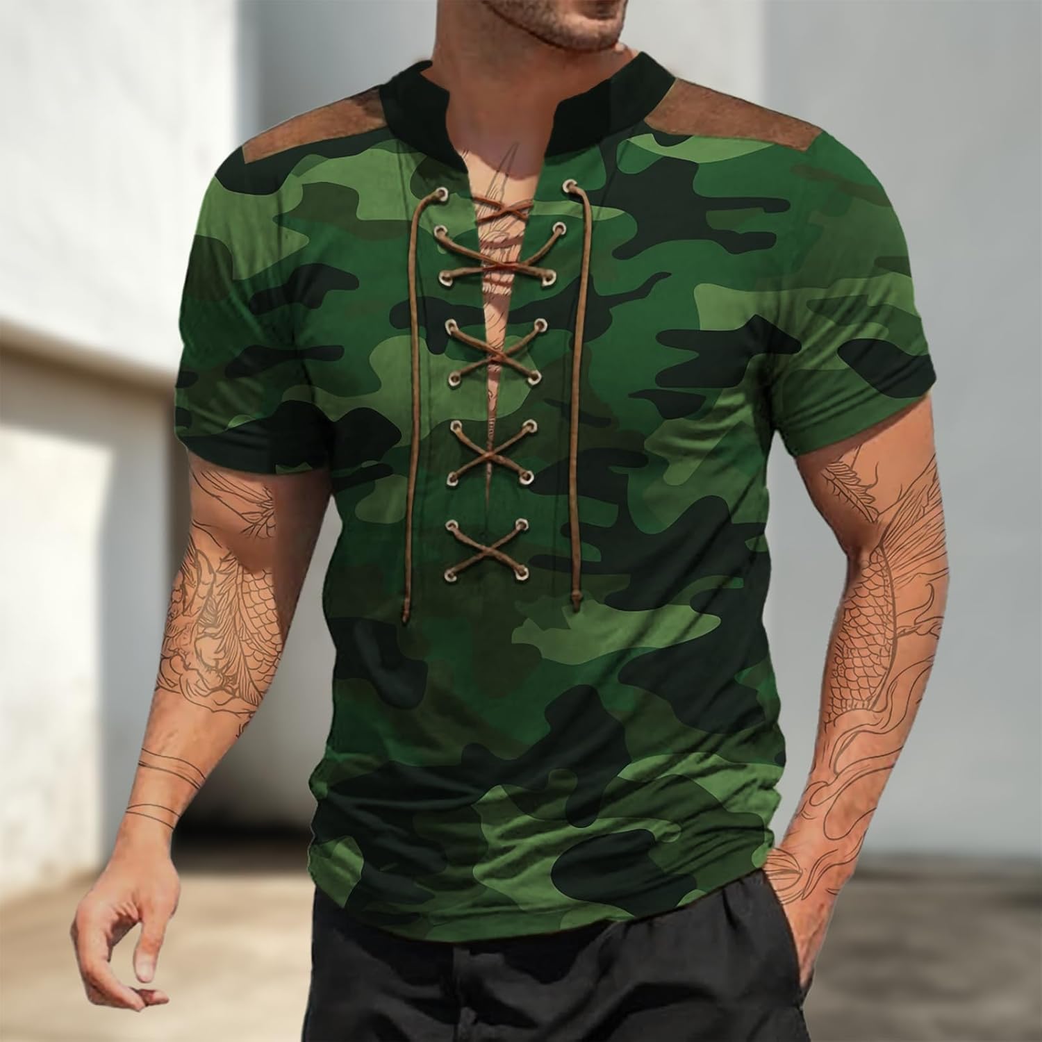 Mens T Shirts Vintage Drawstring Neckline Summer Tops Slimming Fit Lightweight Comfort Breathable Casual Tees - Image 2