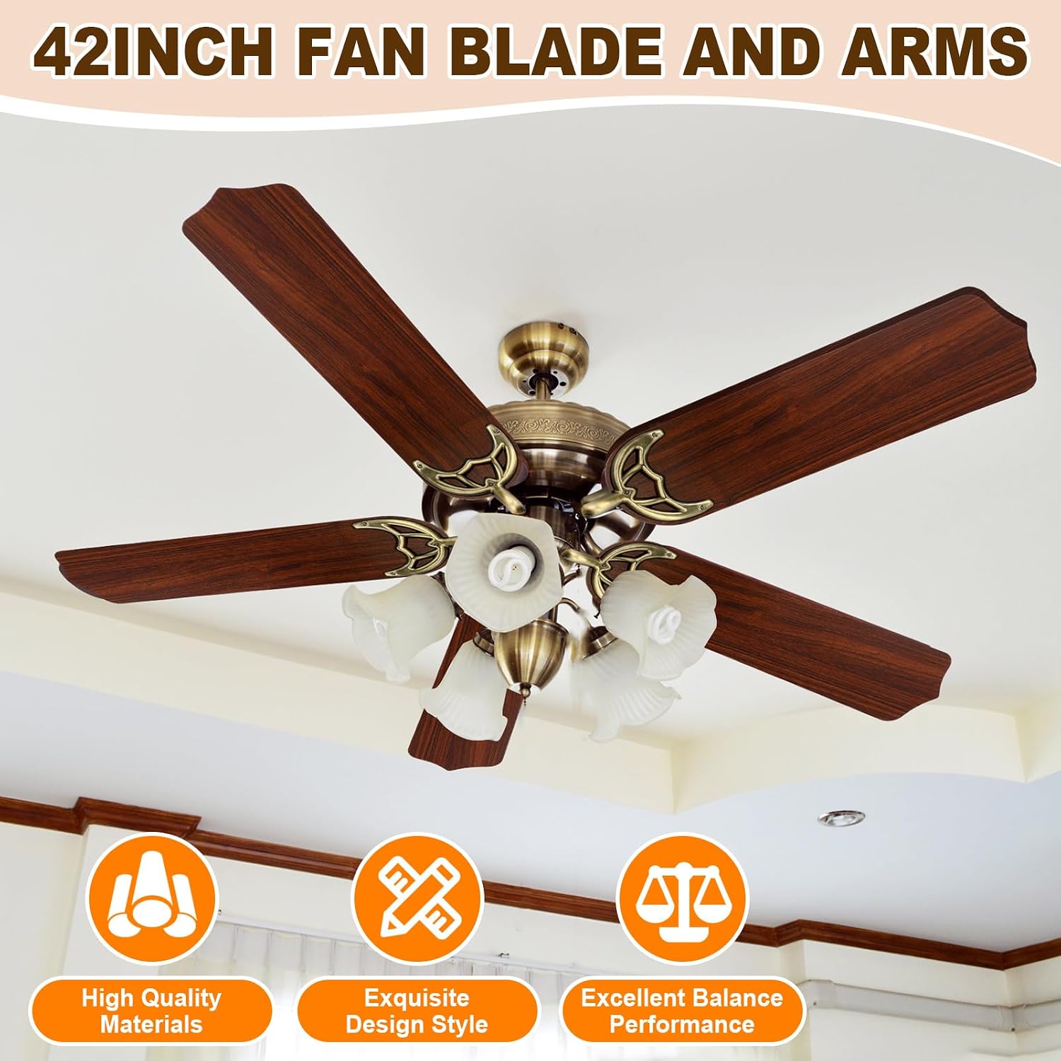 Yaocom 10 Pack Ceiling Fan Replacement Blades and Blade Arms Kit for 42 inch Ceiling Fan, 5 Blades and 5 Blade Arms with Mounting Hardware for Bedroom Patio Living Room (Pointed Toe,Chestnut Brown)