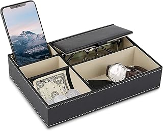 Baoyun Mens Valet Tray Organizer, Mens Jewelry Box, Nightstand Organizer for Men with 5 compartments, Faux Leather Key Tray for Entryway Table, Bedside Storage for Watch, Coin, Phone Gifts for Men