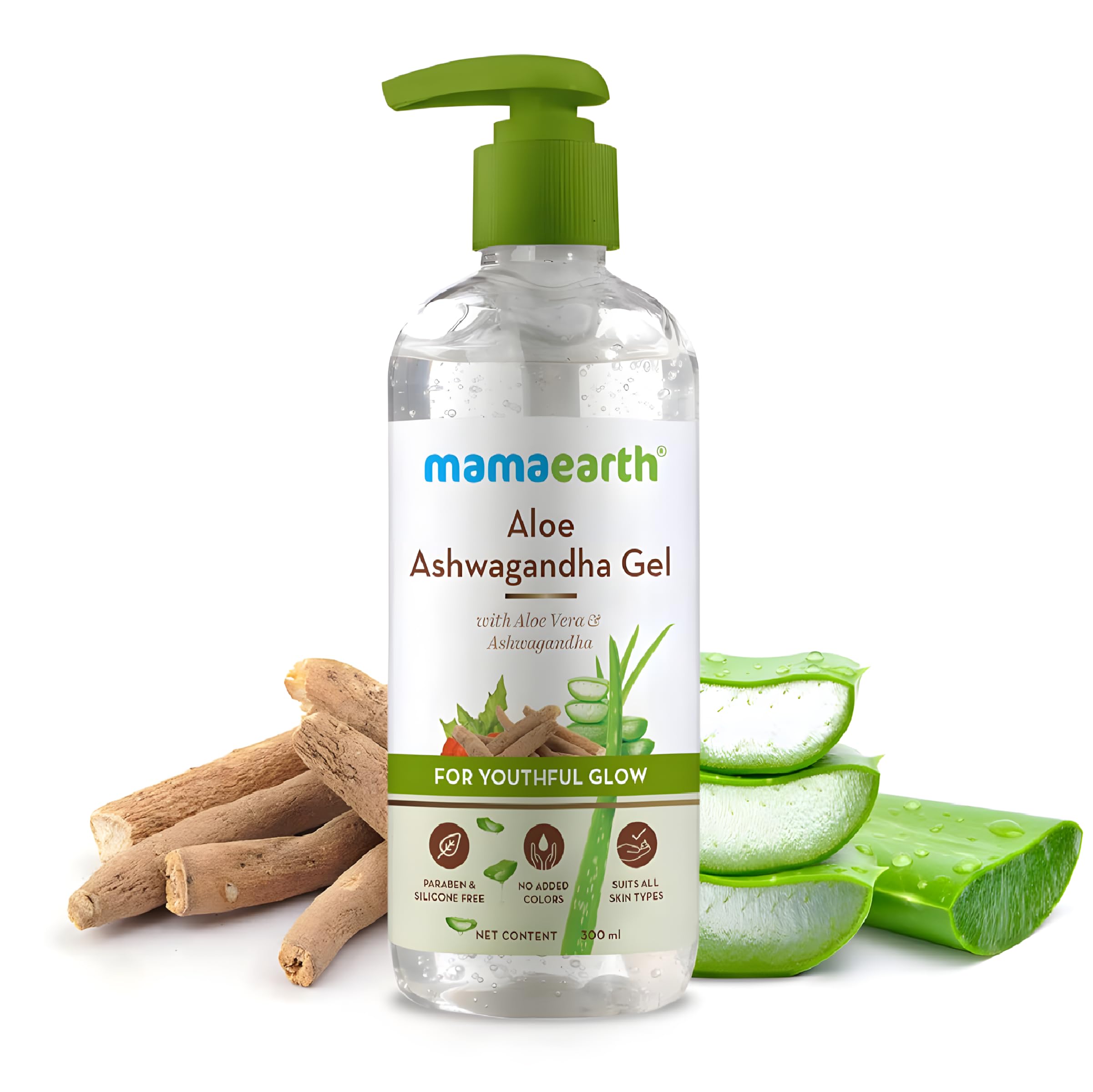 Mamaearth Aloe Ashwagandha Gel with Aloe Vera & Ashwagandha for Youthful Glow | Deeply Hydrates & Moisturizes Skin | Non Sticky & Paraben Free | 10.14 Fl Oz (300ml)