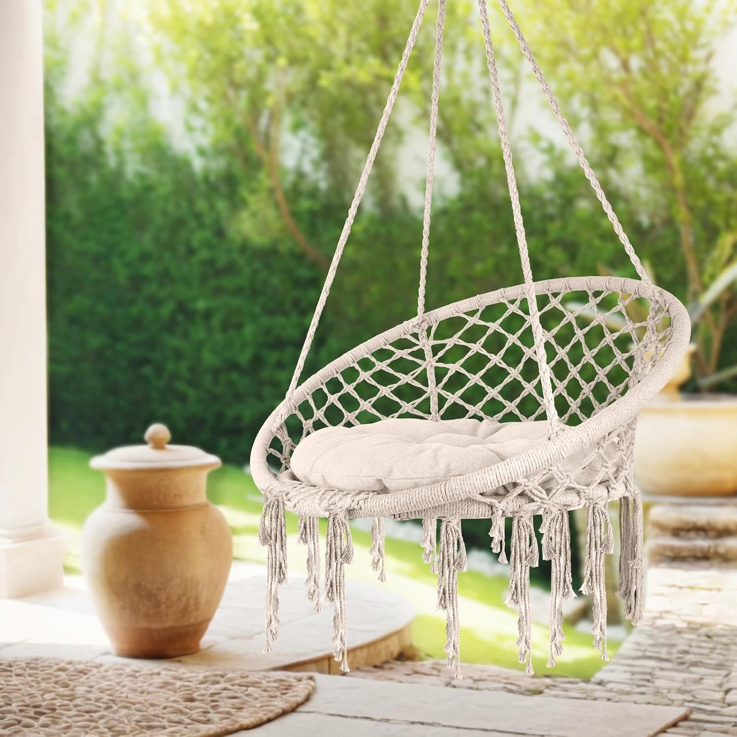 Swing Macrame Chair, Hammock Chair with 330 LBS Capacity, Swing Chair Set for Outdoor Patio and Indoor Bedroom, Beige