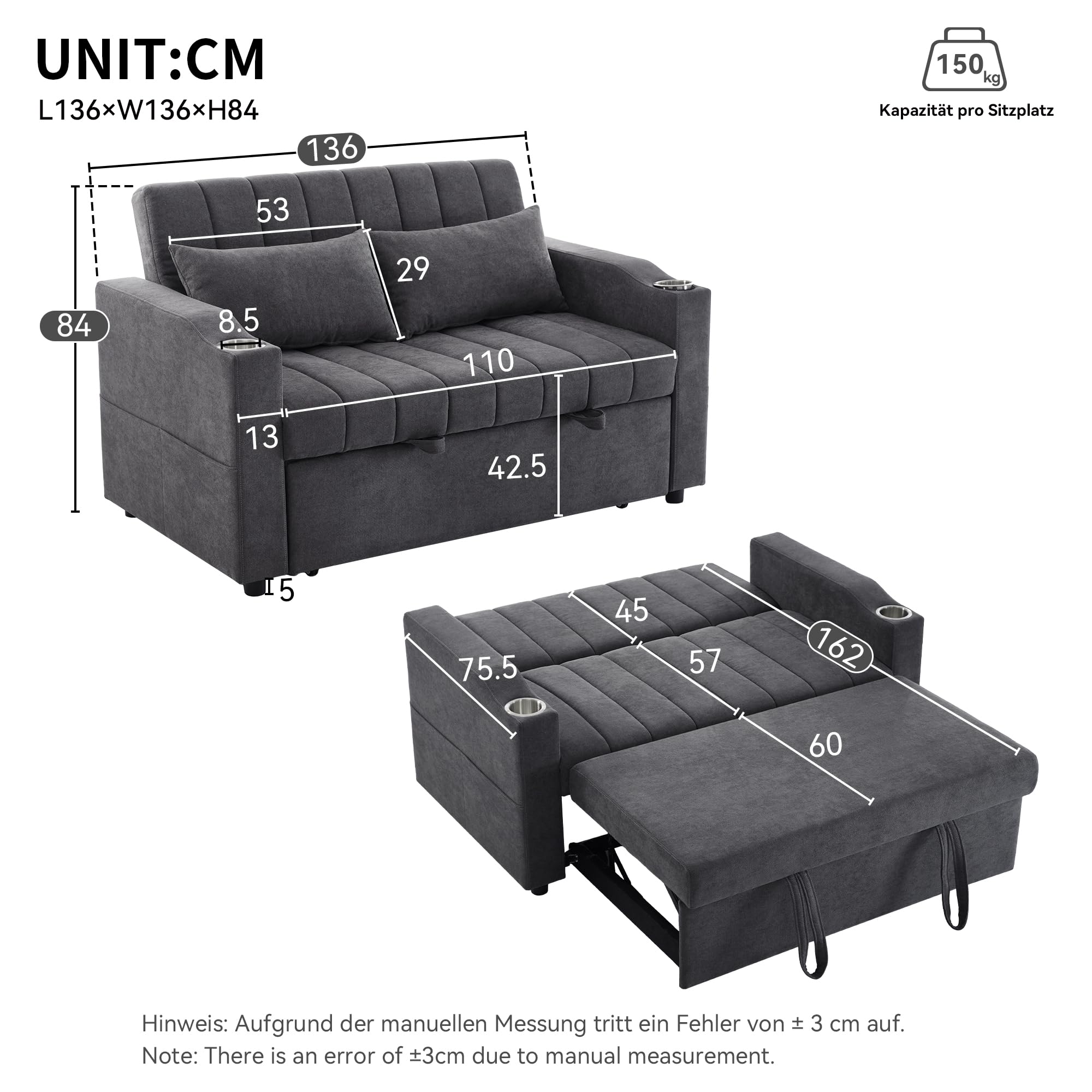 Velvet Folding Sofa Bed with Cup Holders Adjustable Back 2 Pillows and Armrest Storage 2-Seater Sofa Couch for Living Room Bedroom Small Spaces (Grey 3)