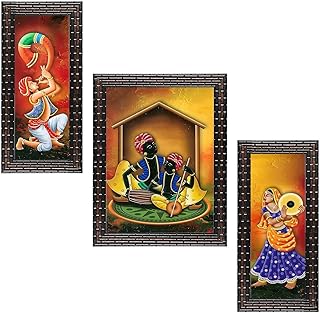 Traditional Indian Wall Art Set, 3 Piece Rajasthani Folk Music & Dance P...