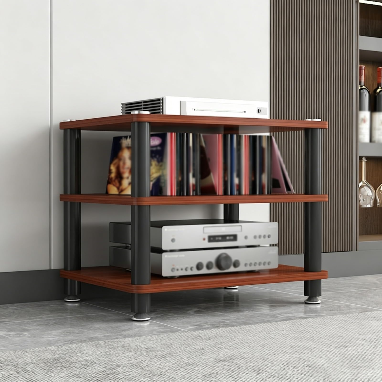 Meuble AV multifonction à 3 niveaux marron pour équipement audio et système stéréo de maison