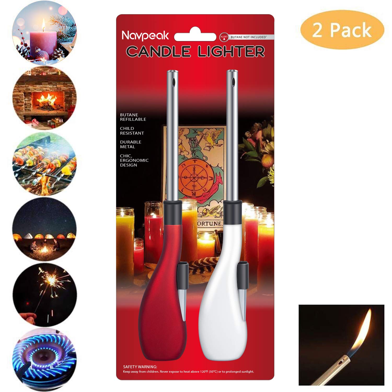 Navpeak Matte High-Grade Ignition Kitchen Lighter with Lengthened for Candle Refillable Fireworks Outdoor Fire Lighter for BBQ Fireplace Camping,Pack of 2 (Butane Not Included) (Red+White)