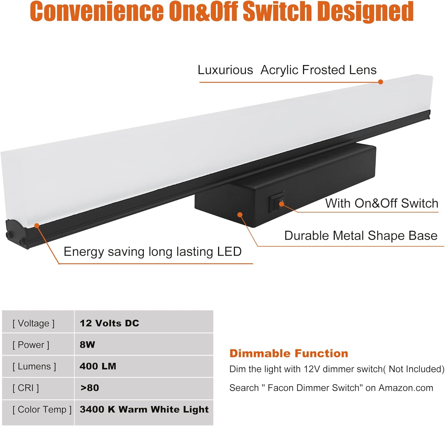 Facon 16.5Inch 12V LED RV Vanity Lights Fixtures with On&Off Switch, Matt Black Finished, RV Wall Sconces Bathroom Mirror Light with Acrylic Lens, 12Volts DC for RV, Camper, Motorhome