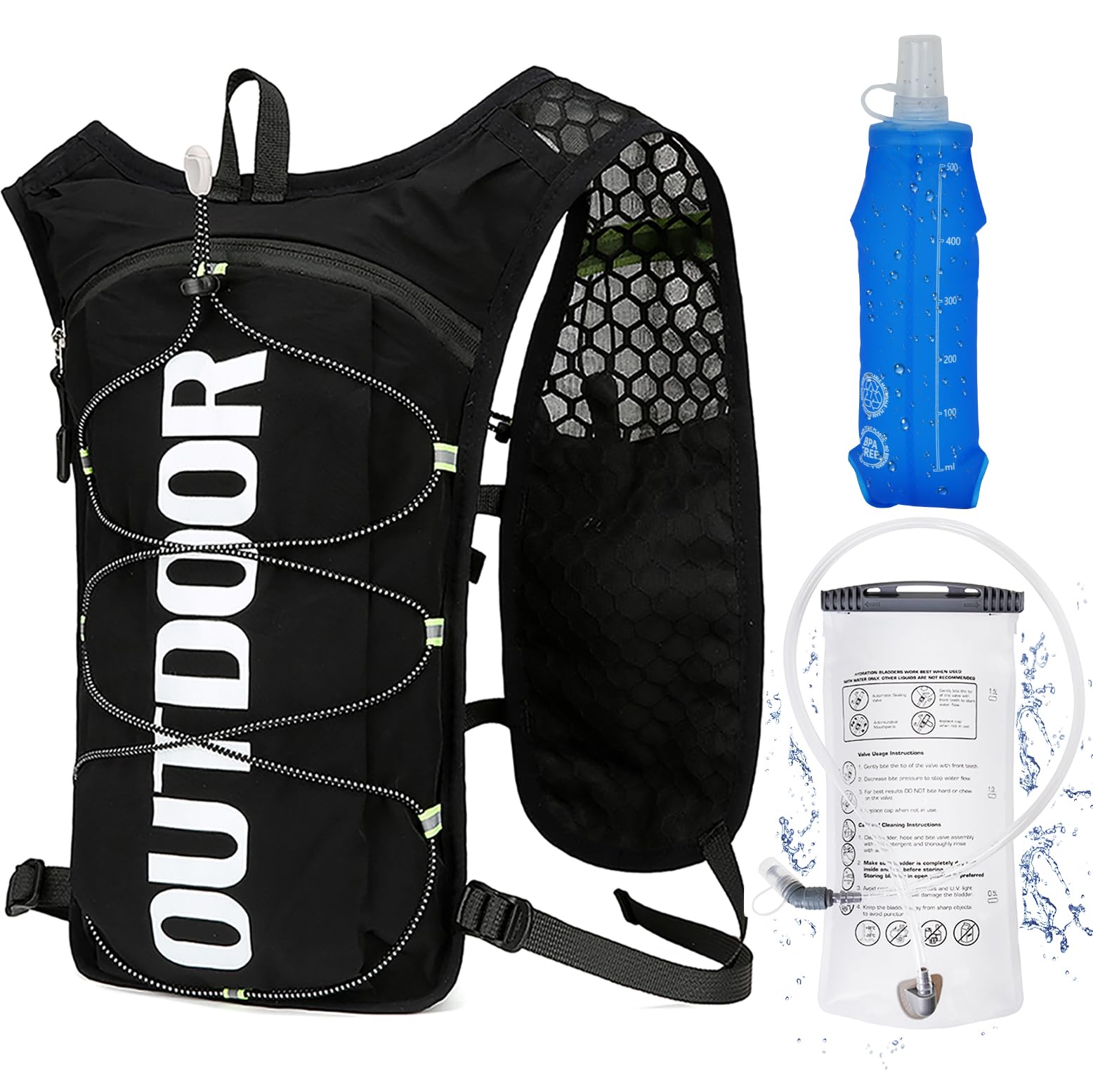 Laufweste mit Trinkblase 1,5L und Trinkflasche 500ml, Verstellbarer Ultra-Leichter Trinkrucksack für Damen und Herren, Funktionelle Laufrucksack für Marathons, Laufen, Radfahren, Wandern