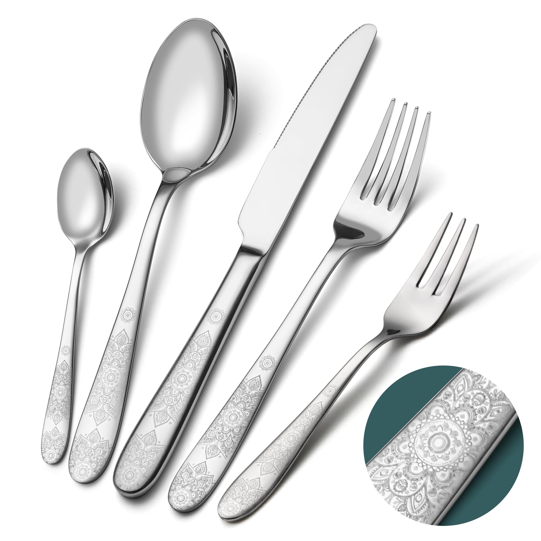 EIUBUIE Besteck Set 6 Personen, 30-teiliges Edelstahl Besteckset mit einzigartigem Musterdesign, Tafelbesteck mit Messer Gabel Löffel, Essbesteck für Haus/Küche, Hochglanzpoliert, Spülmaschinenfest