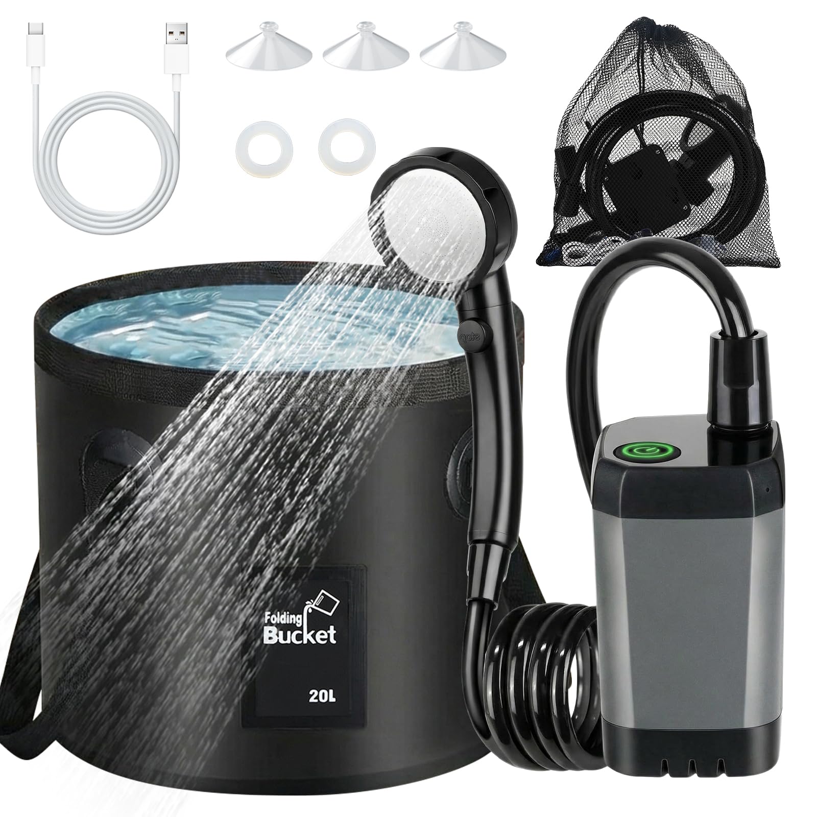 Doccia da Campeggio con Secchio Pieghevole 20L, 6000 mAh Doccia Ricaricabile Portatile con Doppio Display Digitale e Temperatura, Impermeabile IPX7 Doccia Esterna per Spiaggia, Auto, Animali, Giardino
