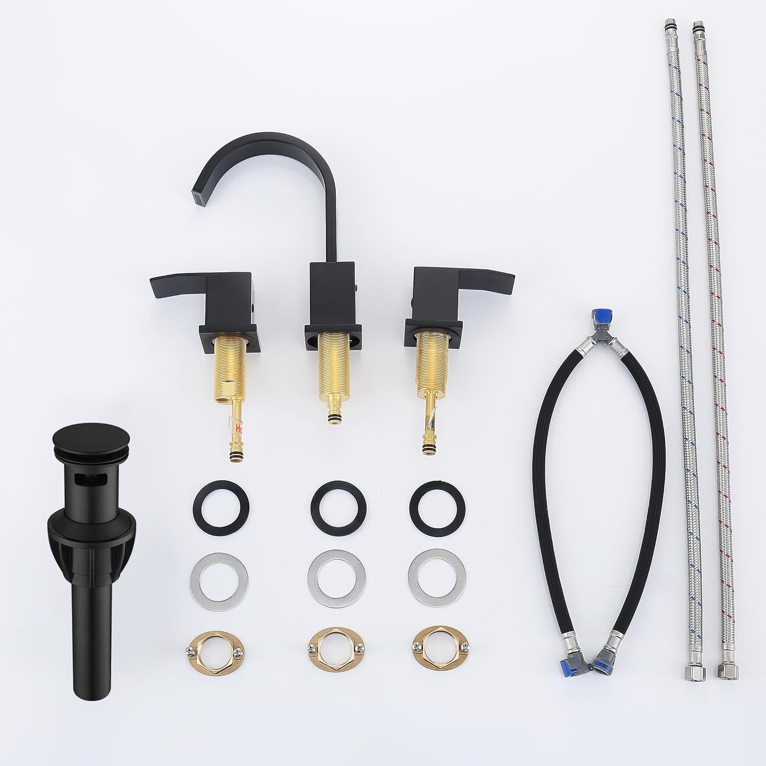 Matte Black Bathroom Faucets for Sink 3 Hole, Senhozi Two Handle Black Faucet Bathroom with Pop Up Drain and 2 Supply Hose, 8 Inch Widespread Bathroom Faucet for Sink 3 Hole, SE-0025-BK