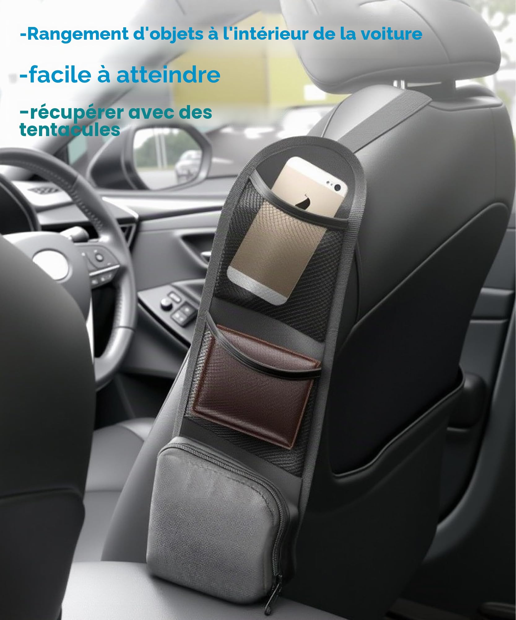 Accessoire Voiture,Rangement Voiture,Accessoires Van Aménagé,Ajustable en Hauteur Filet à Bagages Entre Les Sièges,Rangement pour Petits Objets,Convient à Toutes les Voitures,Camions,SUV